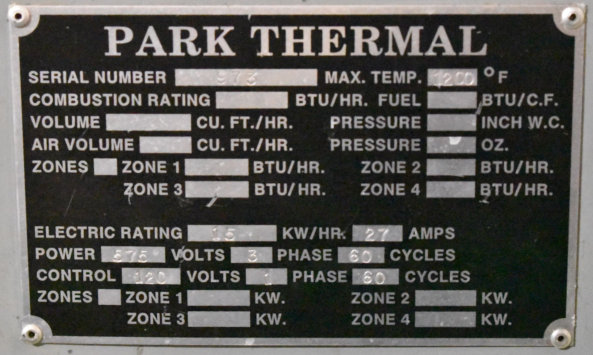 PARK THERMAL T8 ELECTRIC TEMPERING FURNACE WITH 1200 DEG. F. MAX. TEMPERATURE, 15 KW/HR, 11"X18" - Image 5 of 5