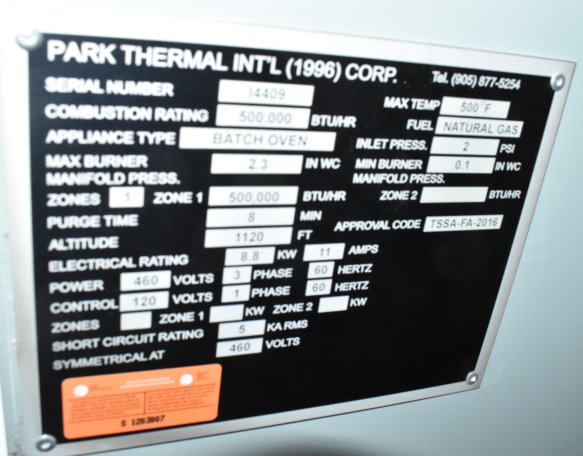 PARK THERMAL NATURAL GAS FIRED BATCH OVEN WITH 500 DEG. F. MAX. TEMPERATURE, 500,000 BTU/HR, 60" - Image 6 of 6