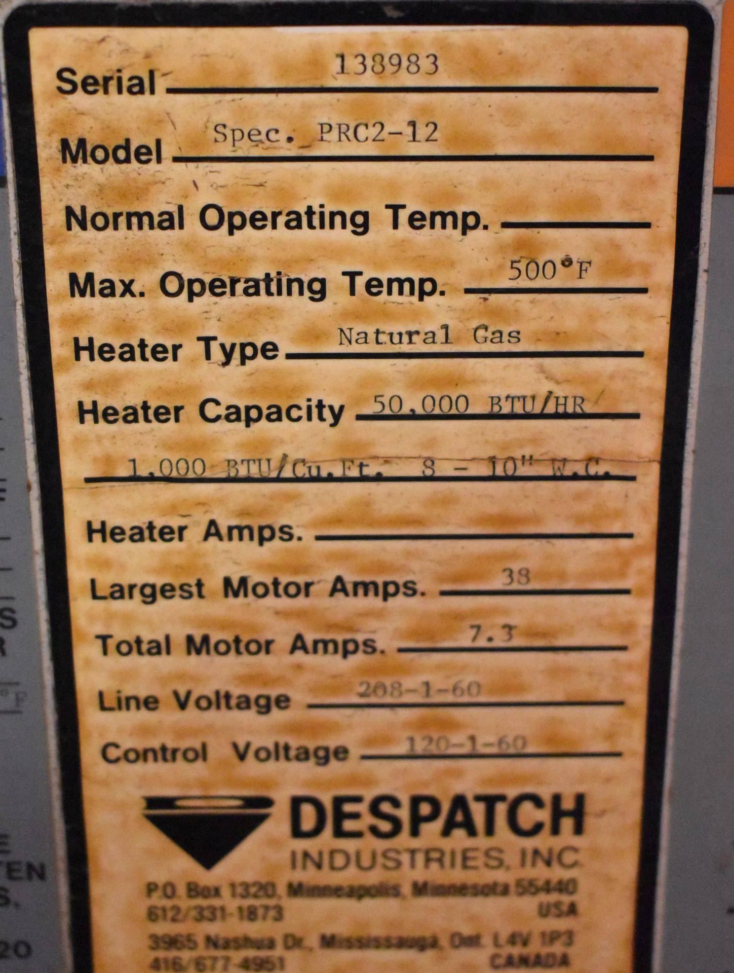 DESPATCH PRC2-12 NATURAL GAS FIRED INDUSTRIAL OVEN WITH 500 DEG. F. MAX. TEMPERATURE, 50,000 BTU/HR, - Image 5 of 6