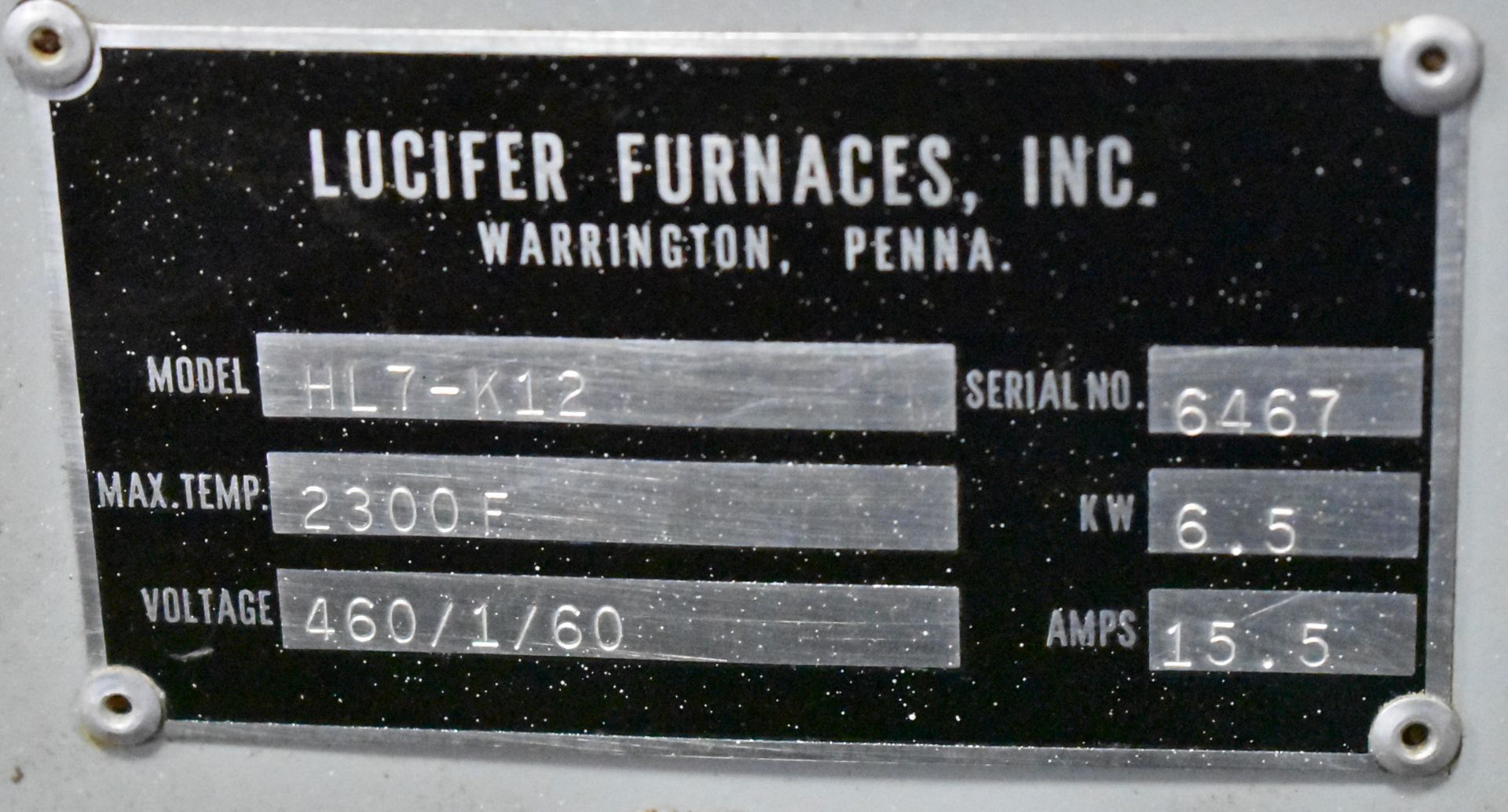 LUCIFER HL7-K12 ELECTRIC BOX FURNACE WITH 2300 DEG. F. MAX. TEMPERATURE, 6.5 KW, HONEYWELL DIGITAL - Image 5 of 5