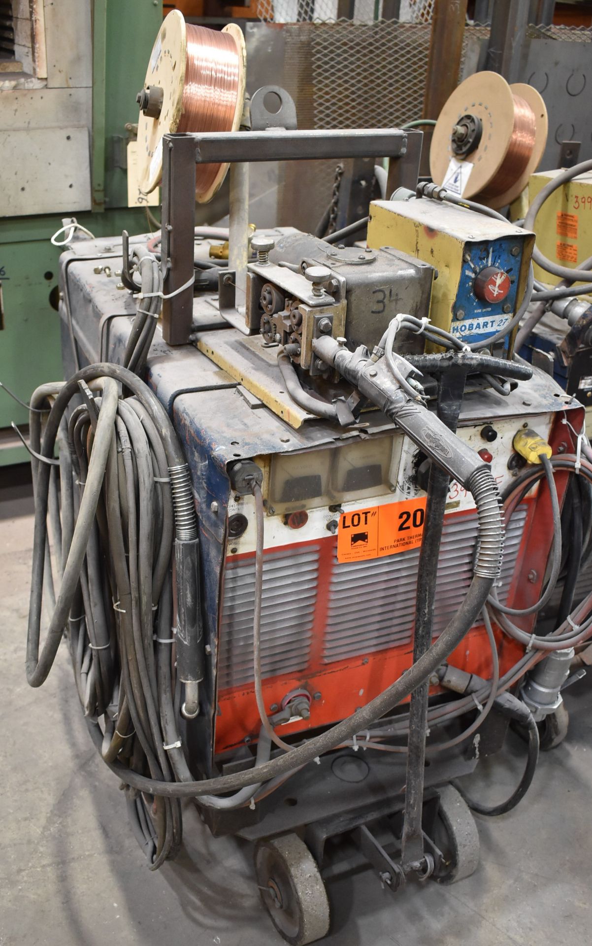 MILLER PORTABLE MIG WELDER WITH HOBART 27 WIRE FEEDER, CABLES & GUN, S/N: JB557173