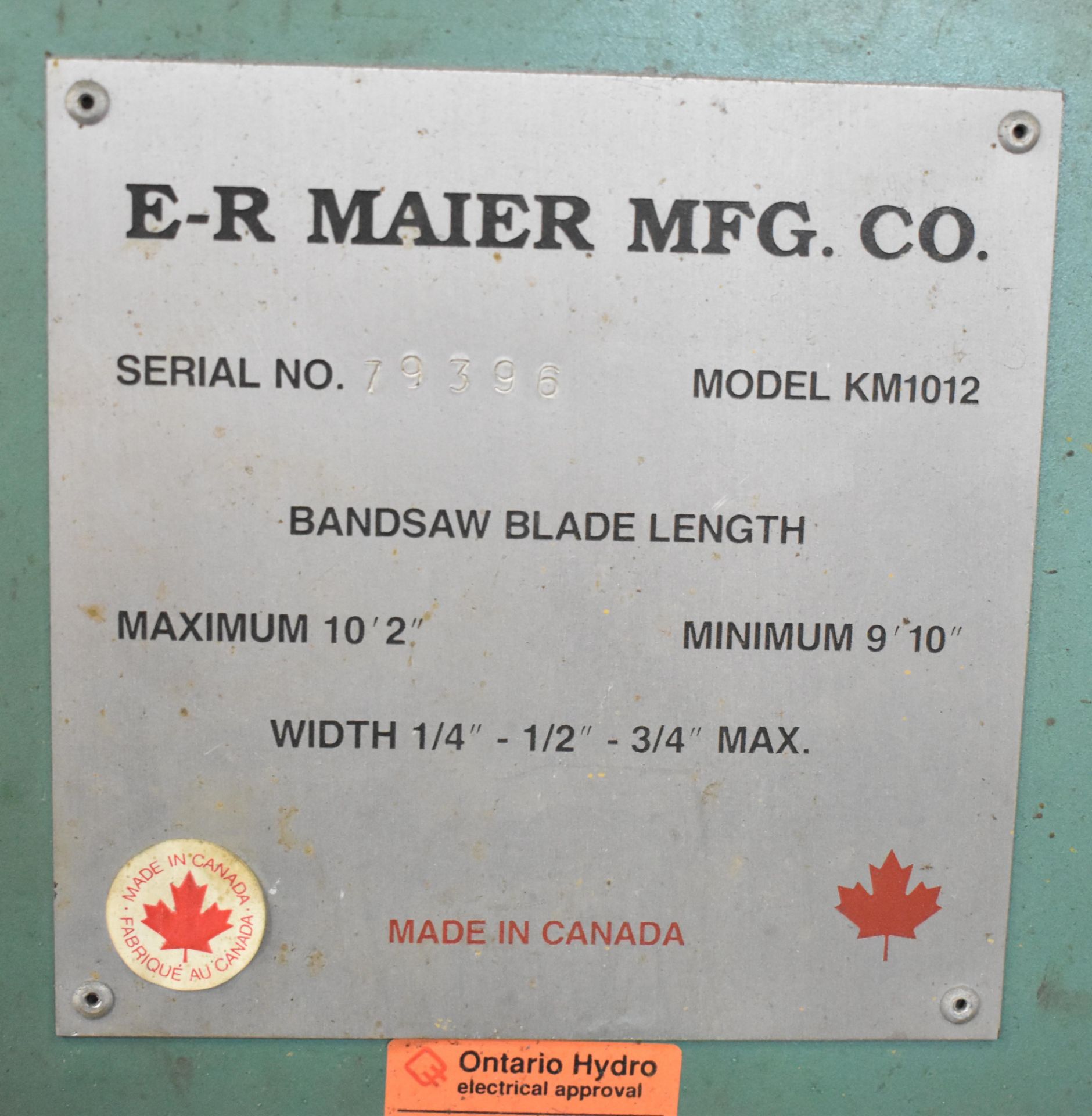 E-R MAIER KM1012 VERTICAL BAND SAW WITH 44.5"X30" TABLE, 14" THROAT, 16.5" MAX. WORKPIECE HEIGHT, - Image 3 of 3