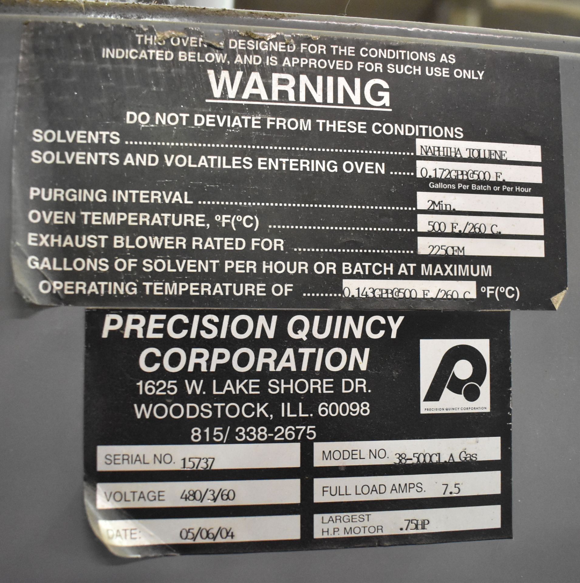 PRECISION QUINCY 38-500CLA NATURAL GAS FIRED CURING OVEN WITH 500 DEG. F. MAX. TEMPERATURE, 100, - Image 5 of 5