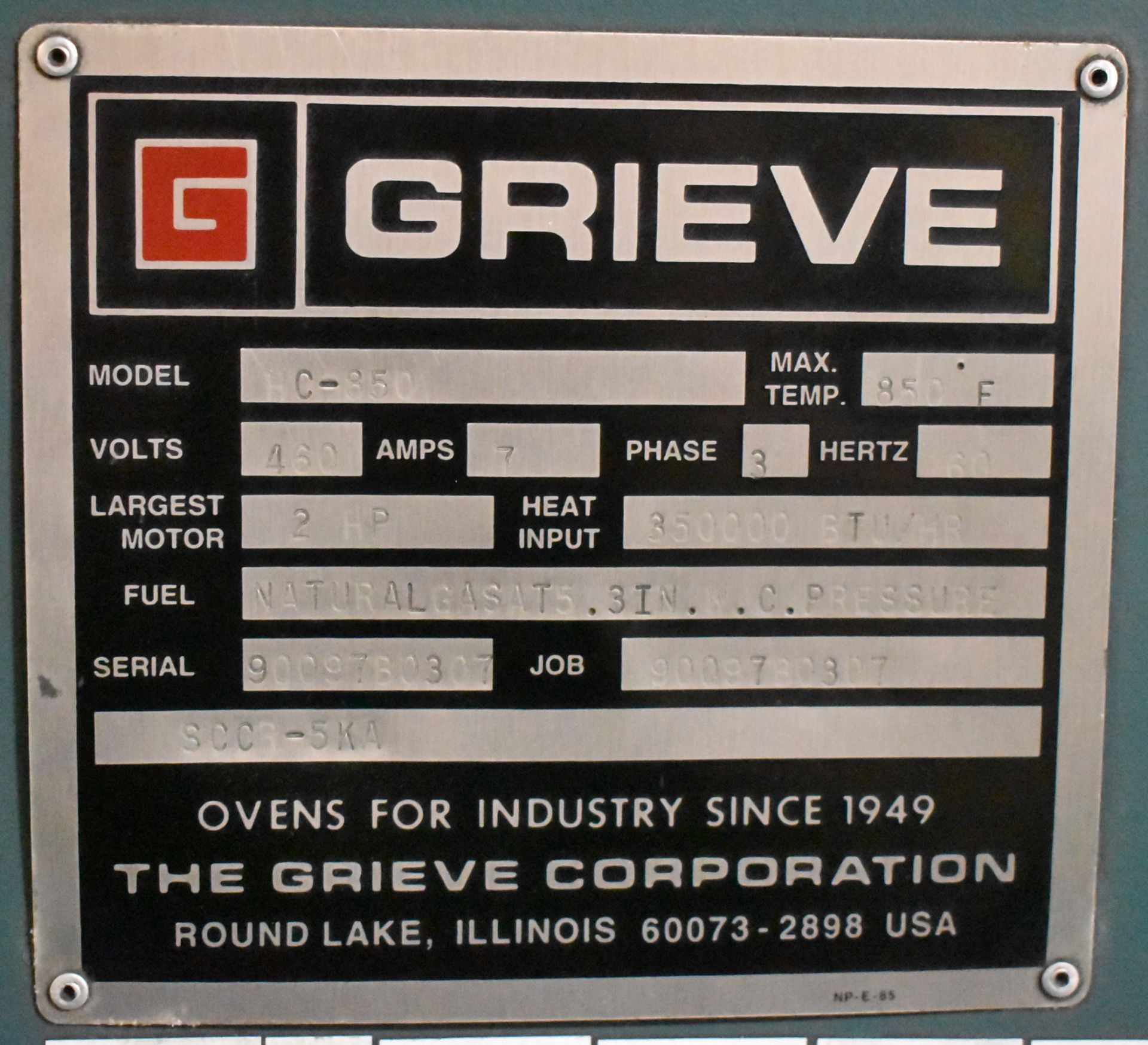 GRIEVE HC-850 NATURAL GAS FIRED HEAT TREAT OVEN WITH 850 DEG. F. MAX. TEMPERATURE, 350,000 BTU/HR, 2 - Image 6 of 6