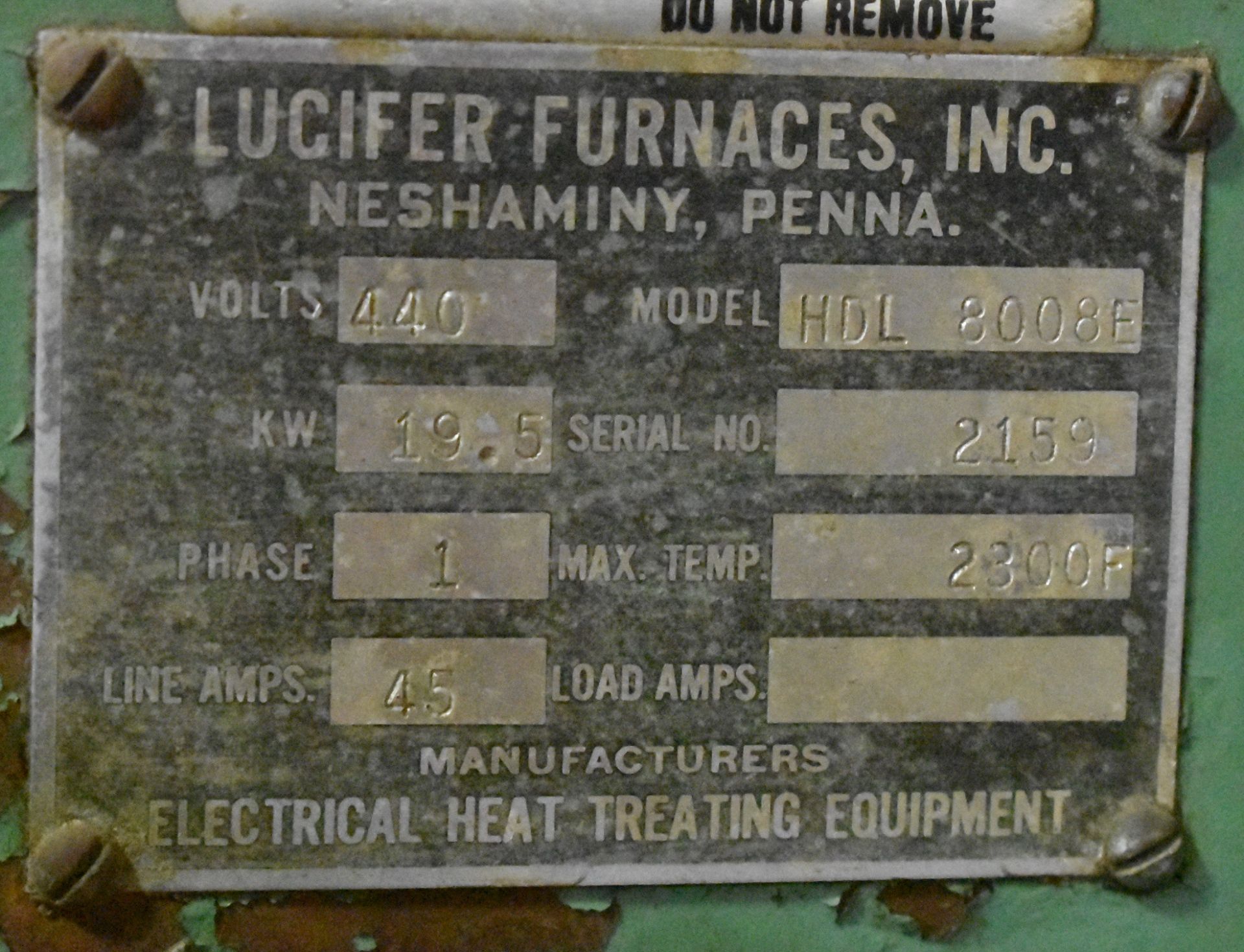 LUCIFER HDL-8008E ELECTRIC OVER/UNDER HEAT TREAT FURNACE WITH 2300 DEG. MAX. TEMPERATURE, 19.5 KW, - Image 6 of 6