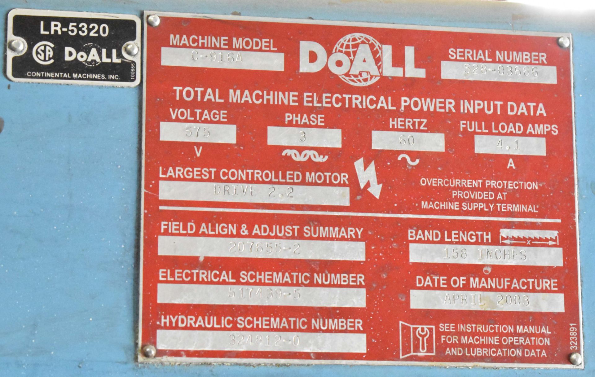 DOALL C-916A AUTOMATIC HORIZONTAL BAND SAW WITH 15"X11" CAPACITY, 2.2 HP, COOLANT, 575V/3PH/60HZ, - Image 5 of 5