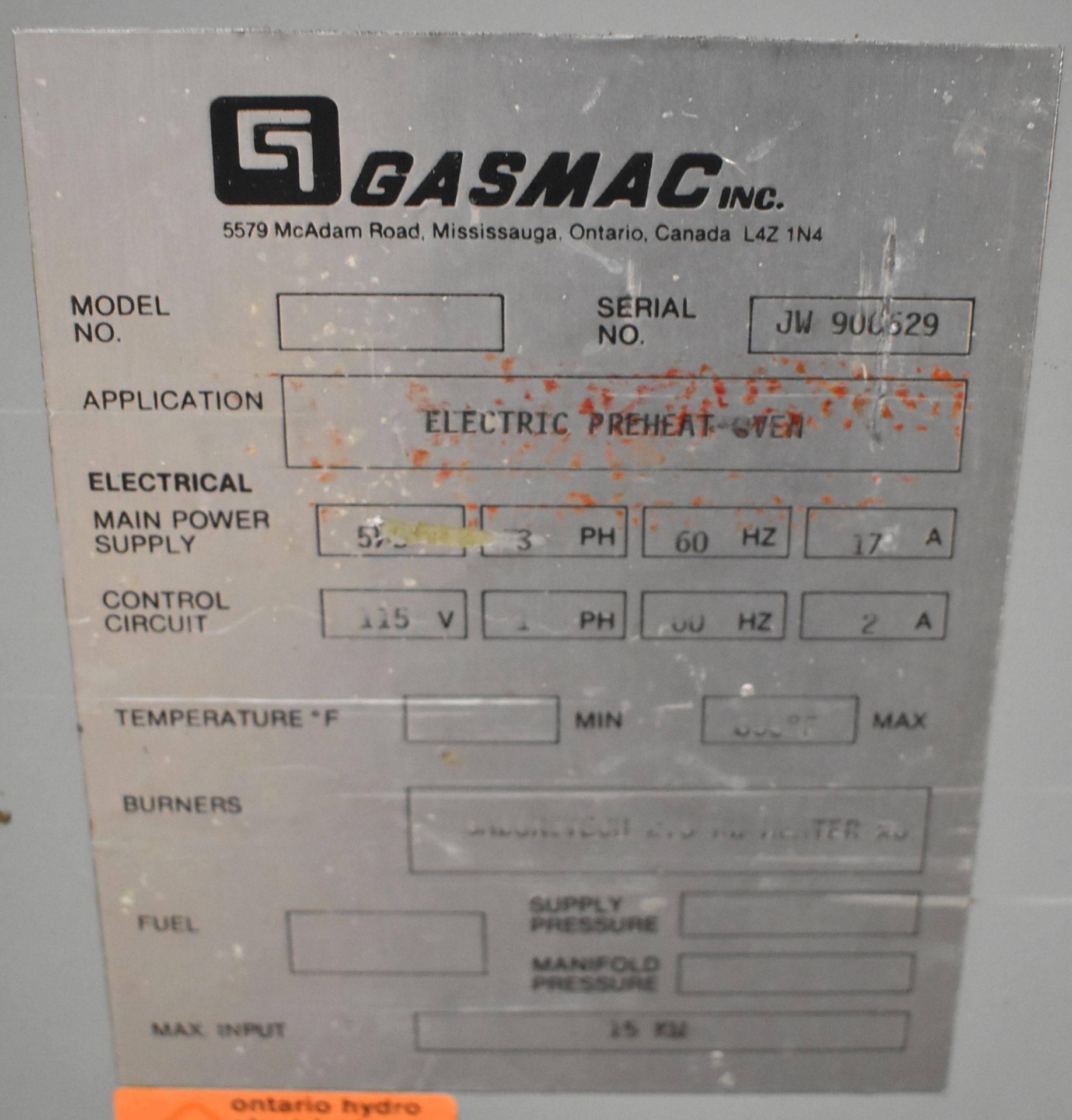 GASMATIC ELECTRIC PREHEAT OVEN WITH 850 DEG. F. MAX. TEMPERATURE, (6) CALORITECH 2.5 KW HEATERS, - Image 5 of 5