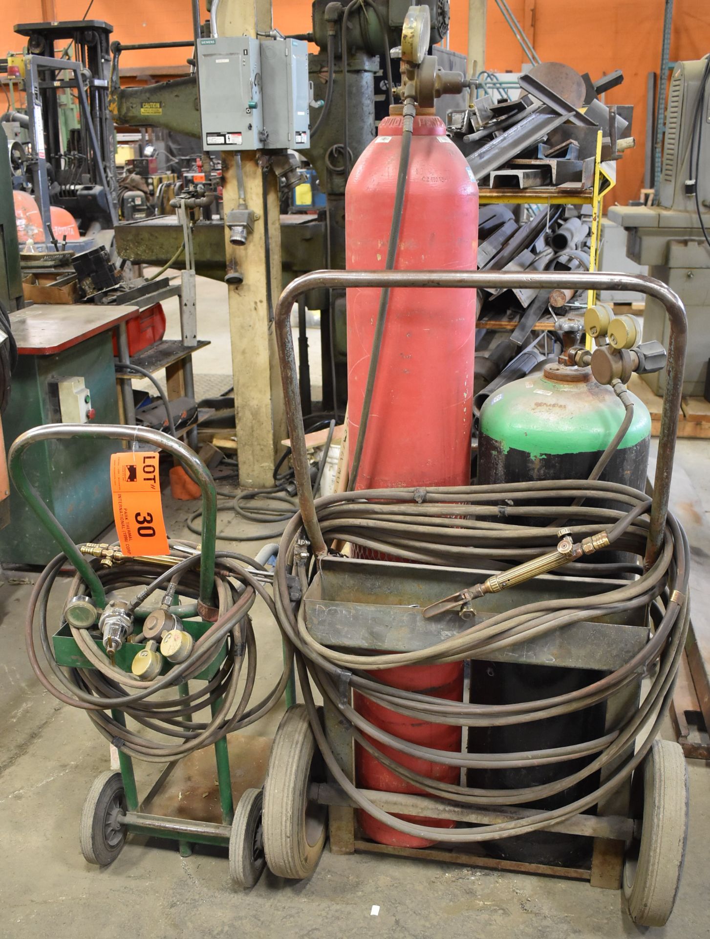 LOT/ OXY-ACETYLENE TANK CADDIES WITH TORCHES, GAUGES & HOSES (TANKS NOT INCLUDED)