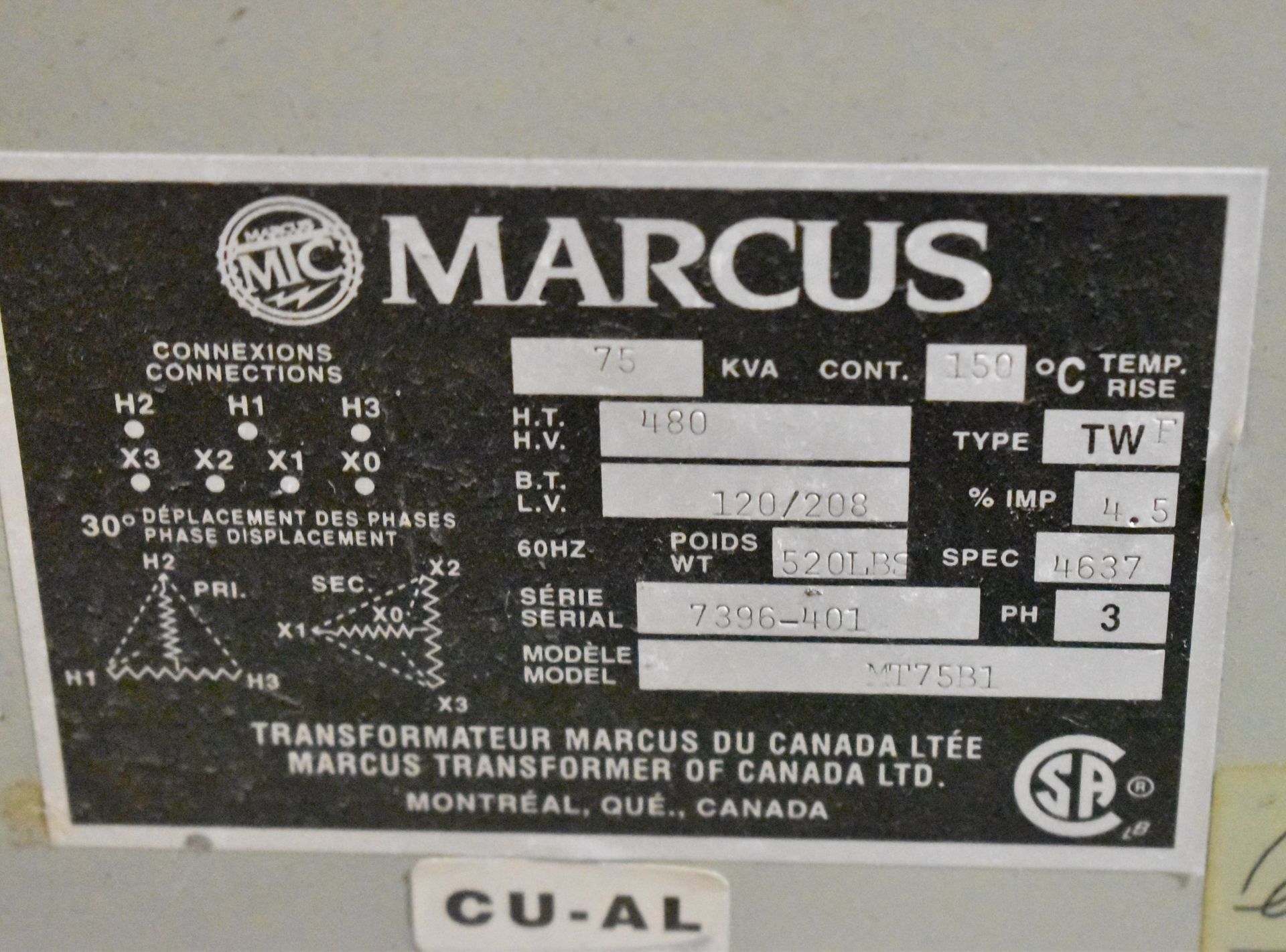 LOT/ (2) MARCUS 75 KVA TRANSFORMERS WITH 480HV/120/208LV/3PH - Image 2 of 2