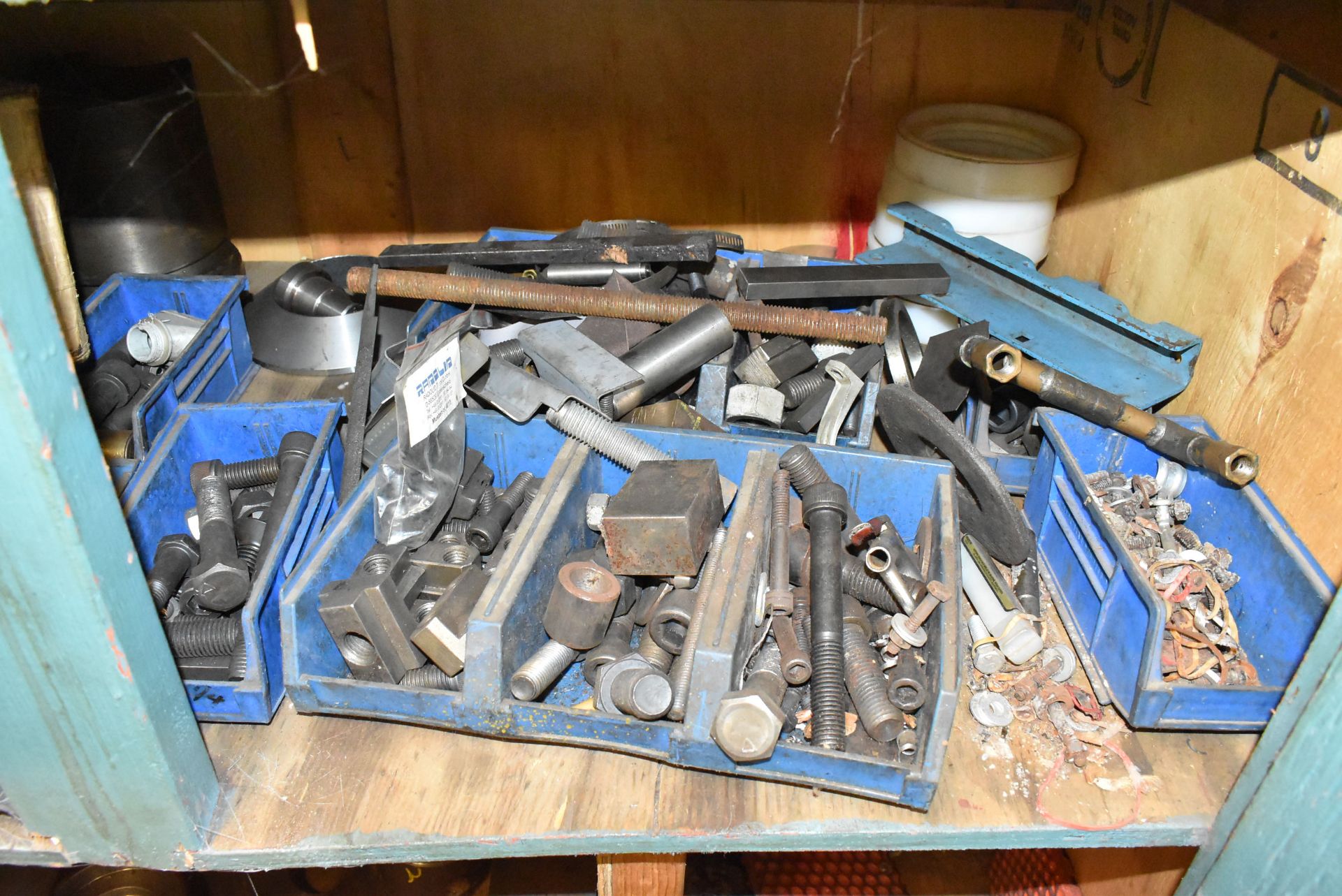 LOT/ HIGHBOY CABINET AND SHOP CABINET WITH REMAINING CONTENTS - HARDWARE, SPARE PARTS, JAW NUTS - Image 3 of 6