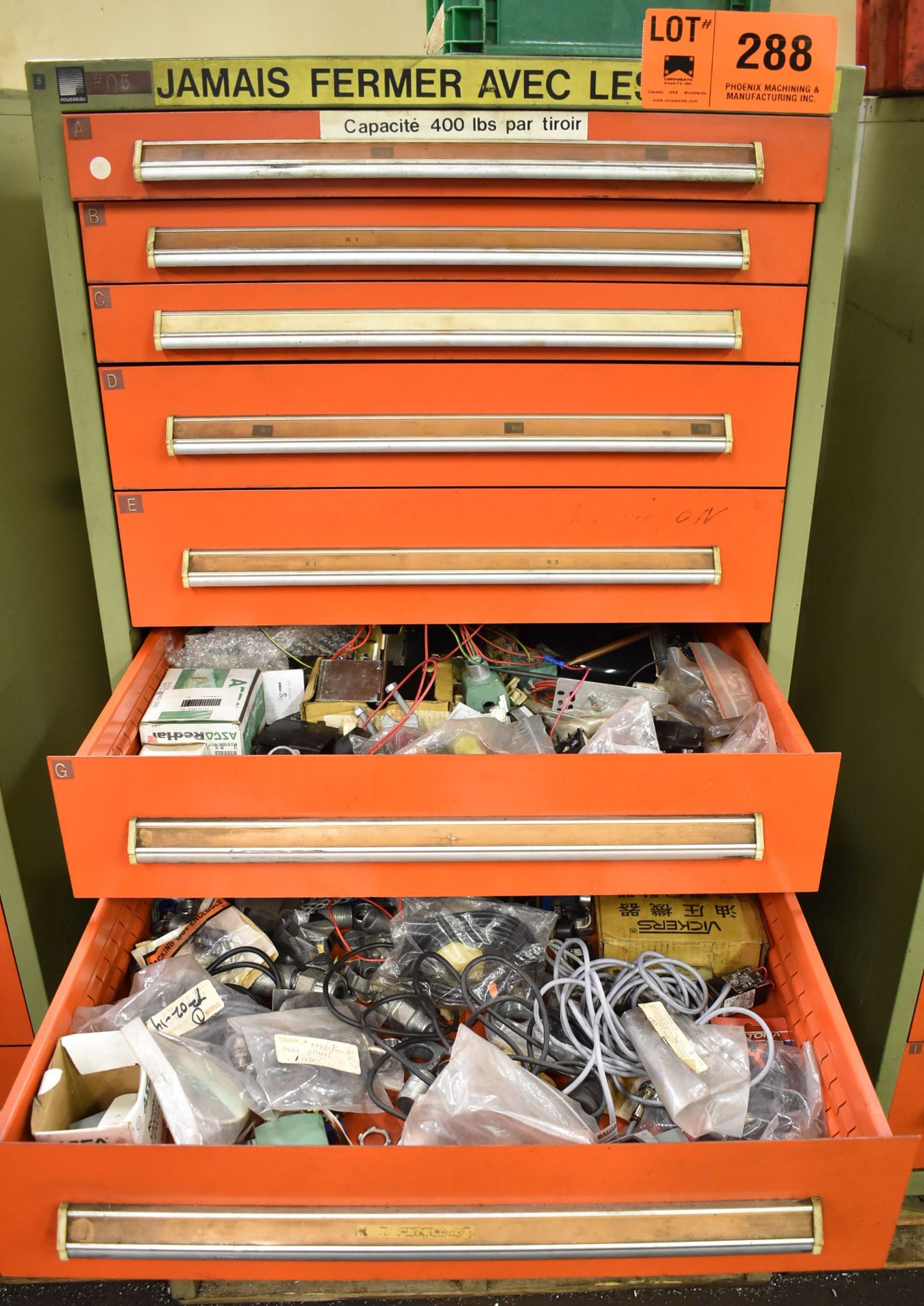 LOT/ ROUSSEAU 9 DRAWER TOOL CABINET WITH CONTENTS - ELECTRICAL COMPONENTS AND SPARE PARTS