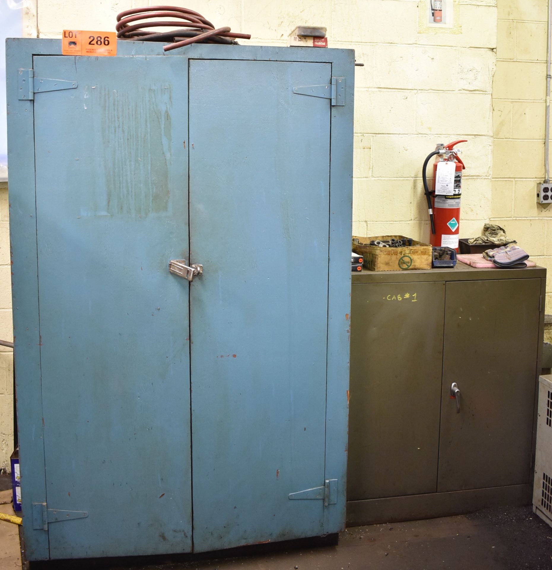 LOT/ HIGHBOY CABINET AND SHOP CABINET WITH REMAINING CONTENTS - HARDWARE, SPARE PARTS, JAW NUTS