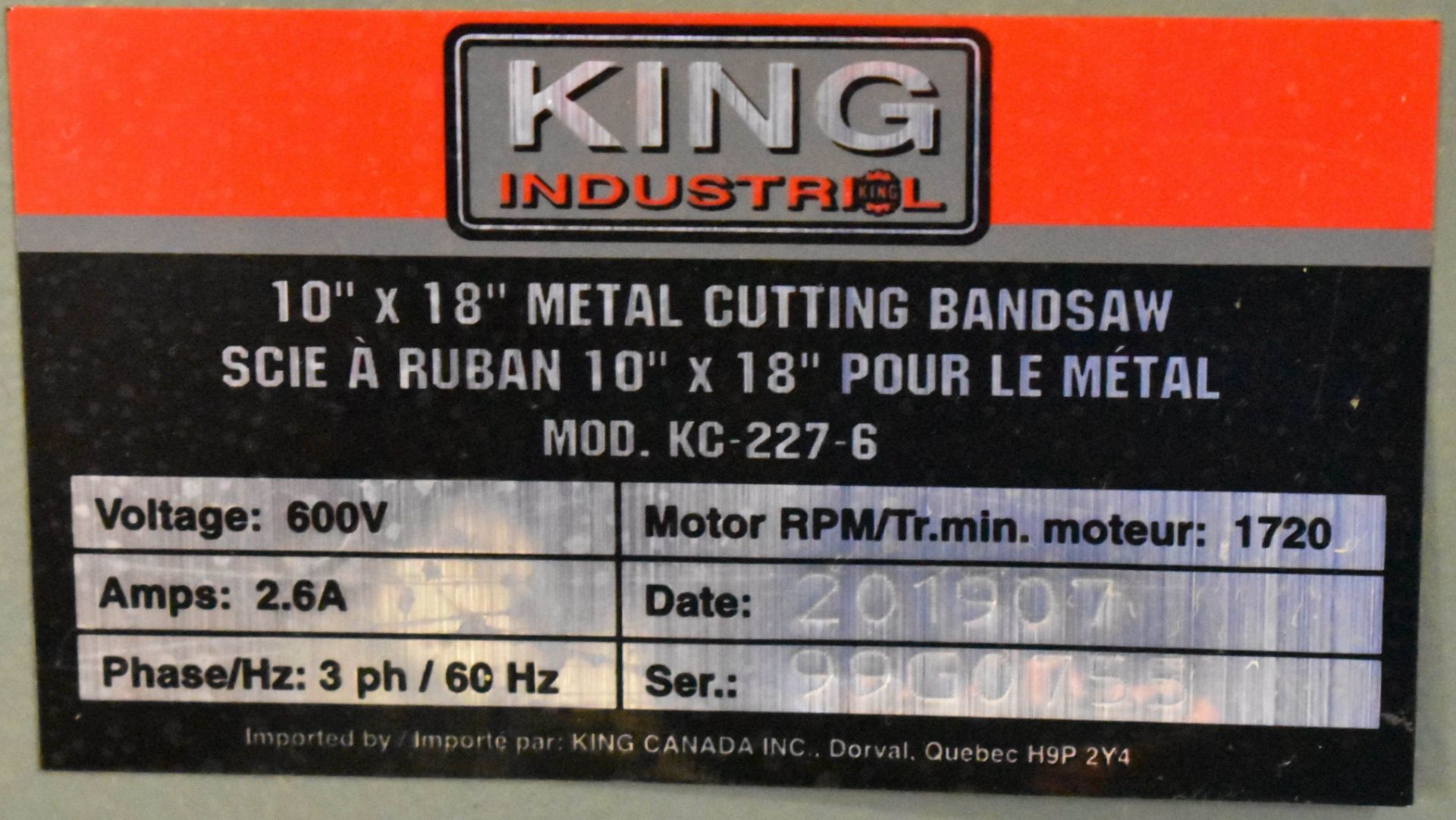 KING INDUSTRIAL (2019) KC-227-6 10"X18" METAL CUTTING HORIZONTAL BAND SAW WITH INCREMENTAL DOWN - Image 4 of 4