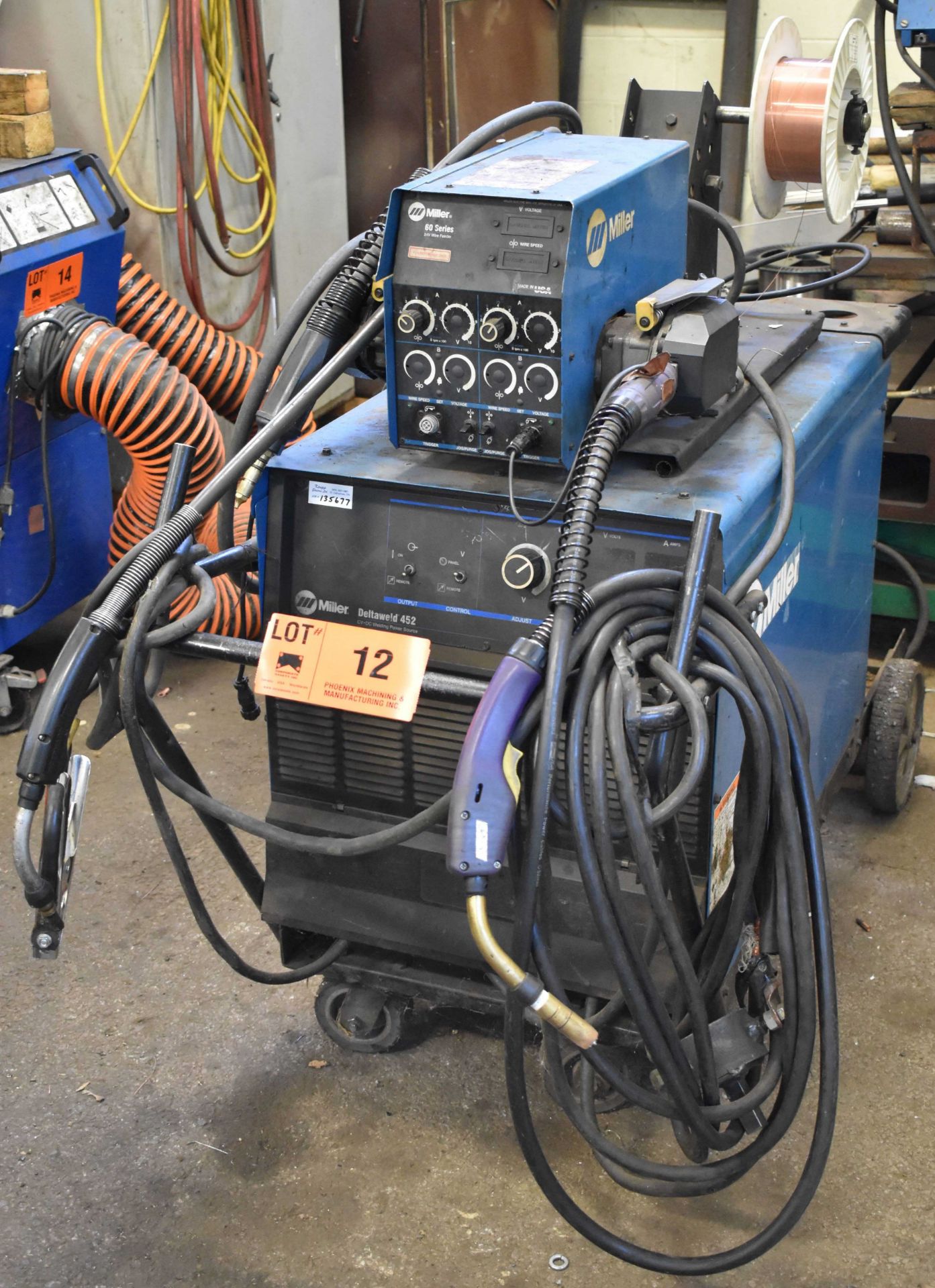 MILLER DELTAWELD 452 DIGITAL MIG WELDER WITH MILLER 60 TWIN REEL WIRE FEEDER, CABLES AND GUNS, S/