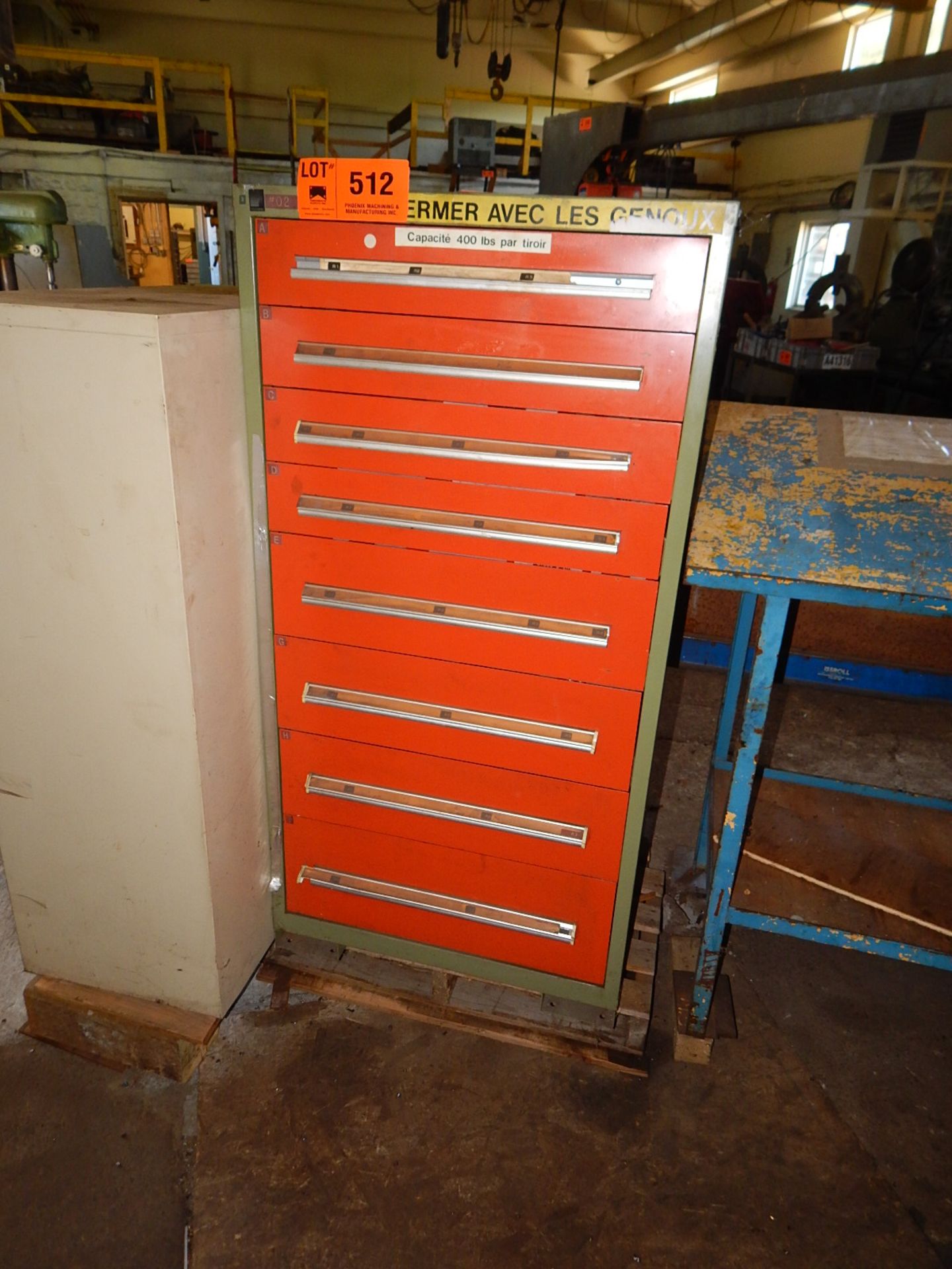 LOT/ ROUSSEAU 8 DRAWER TOOL CABINET, STEEL TABLE AND 4 DRAWER STORAGE CABINET