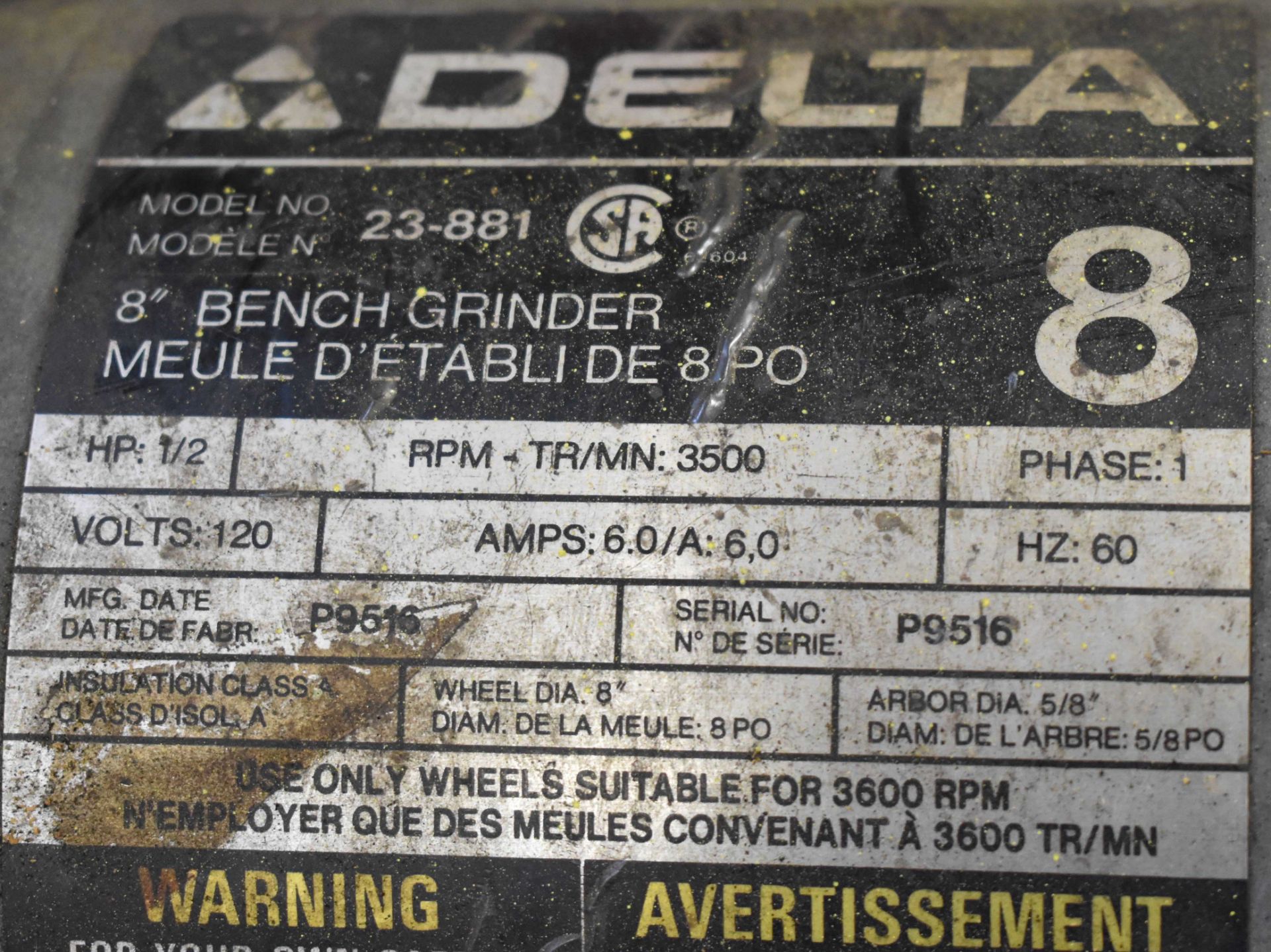 DELTA 23-881 8" DOUBLE END PEDESTAL GRINDER, S/N: P9516 - Image 2 of 2