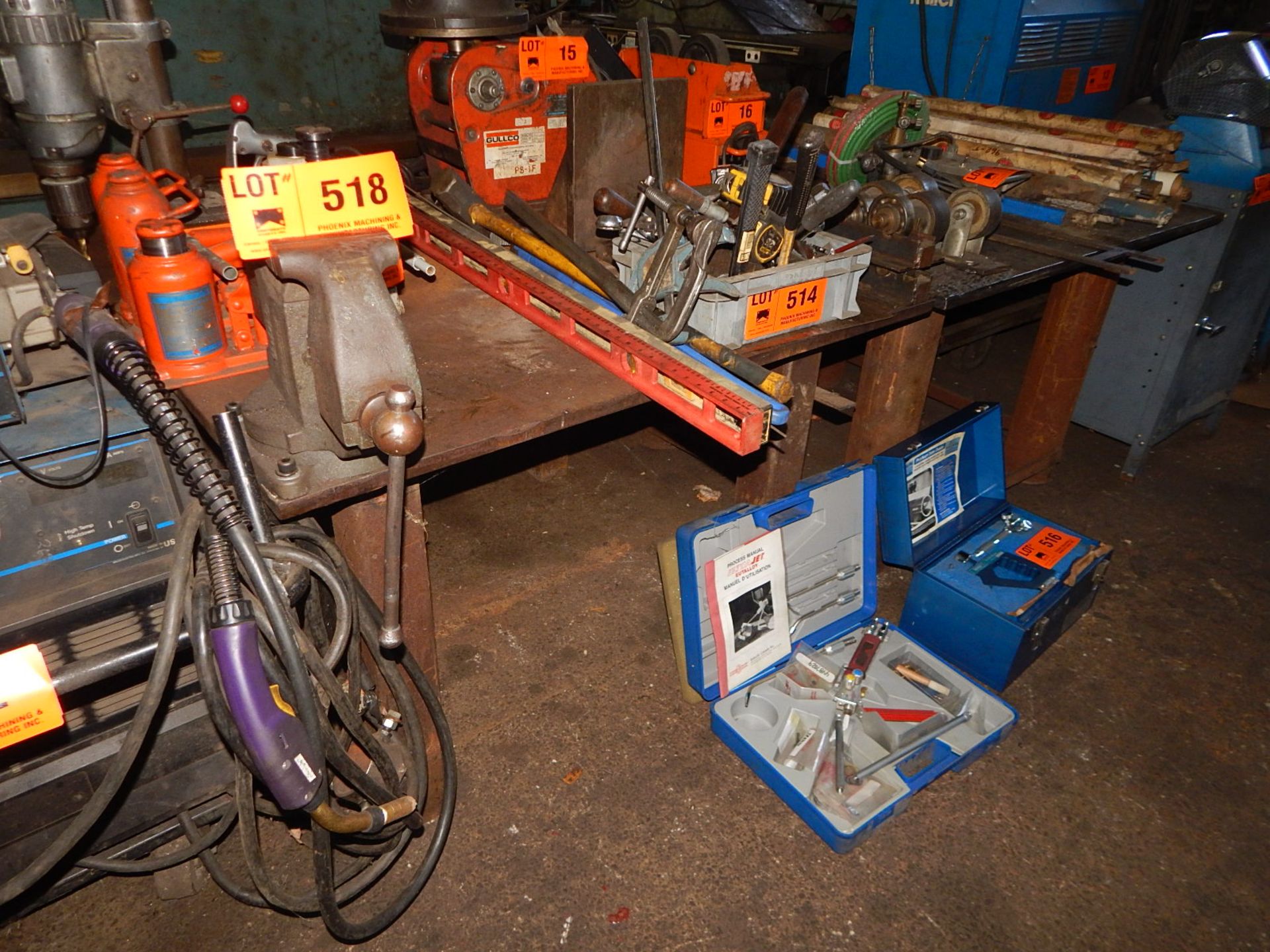 LOT/ (2) HEAVY DUTY STEEL WELDING TABLES WITH BENCH VISE (DELAYED DELIVERY)