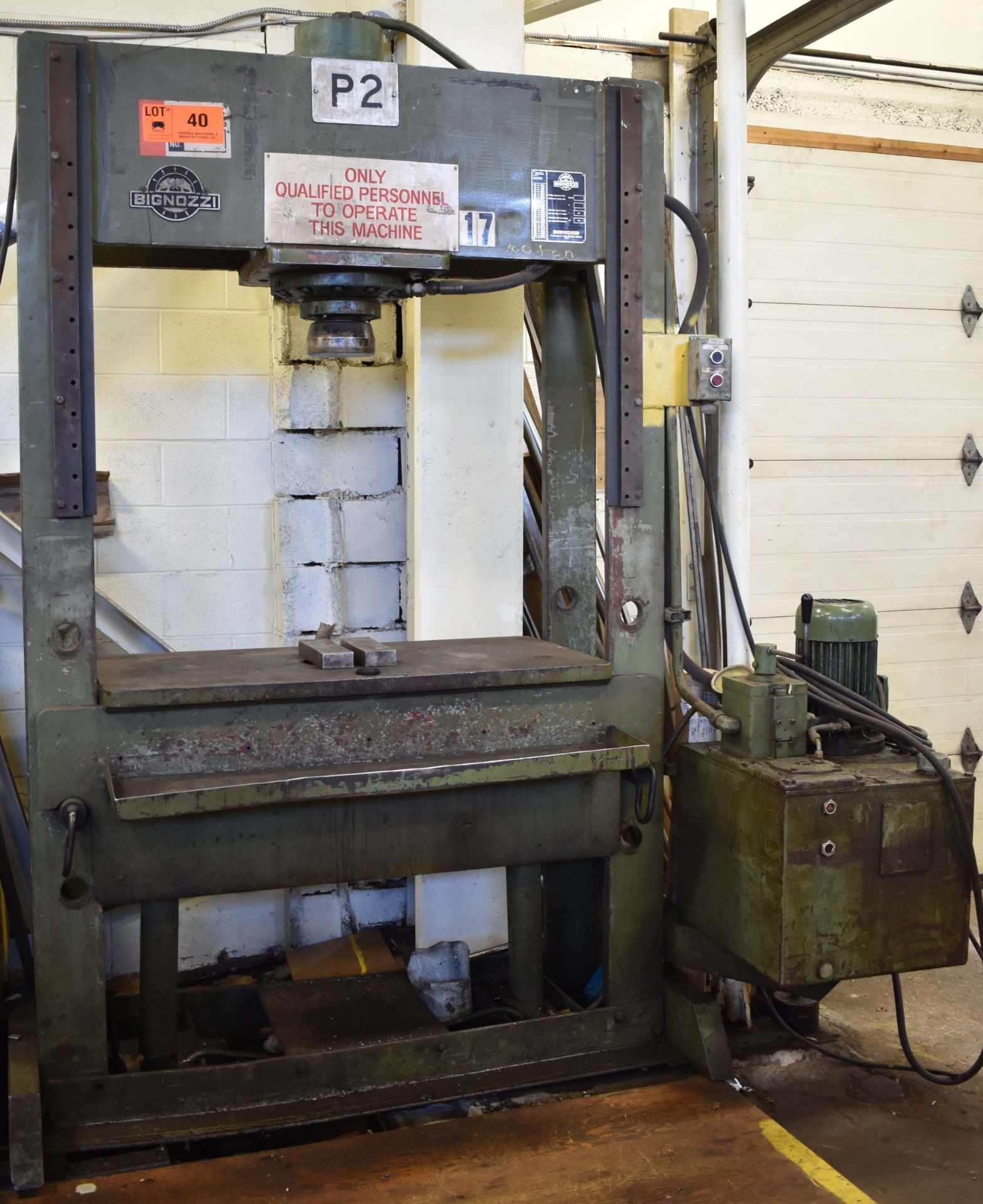 BIGNOZZI BP100 100 TON CAPACITY H-FRAME HYDRAULIC SHOP PRESS, S/N: N/A (CI) [RIGGING FEE FOR LOT #40