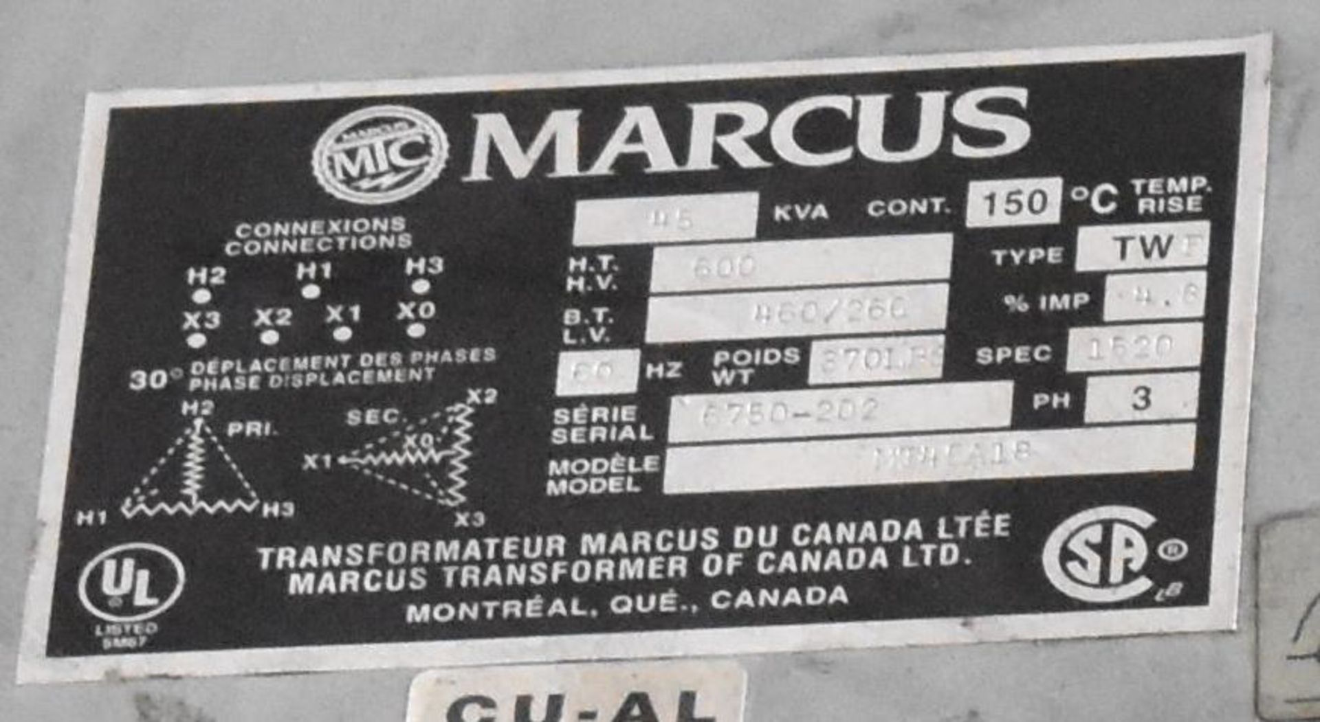 MARCUS 45 KVA TRANSFORMER WITH 600HV/460/260LV/3PH (CI) [RIGGING FEE FOR LOT #45 - $50 CAD PLUS - Image 2 of 2