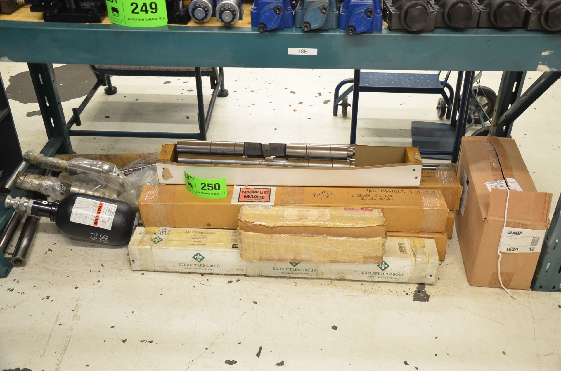 LOT/ CONTENTS OF SHELF - HYDRAULIC ACCUMULATORS, BALL SCREWS AND PARTS