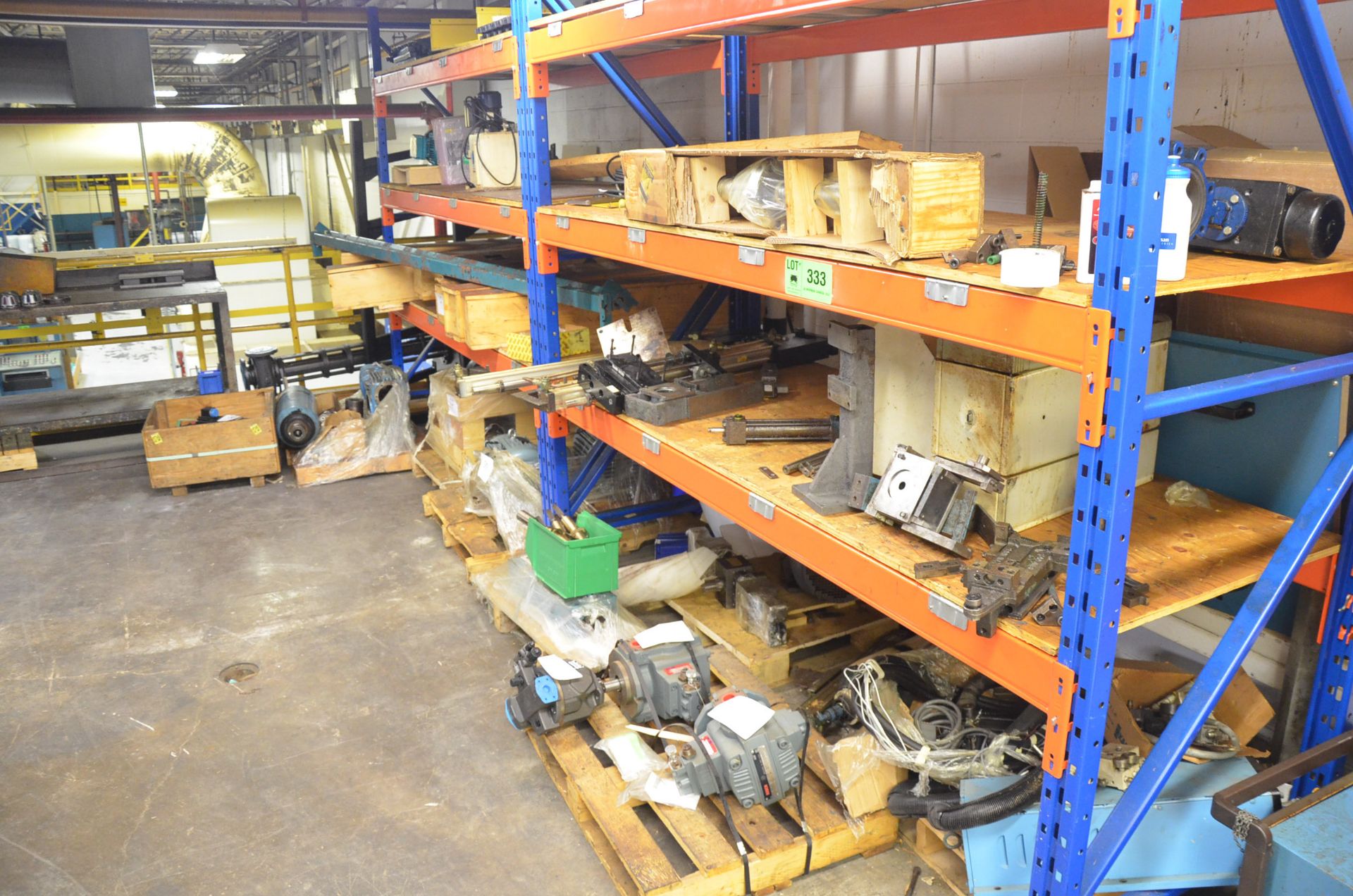 LOT/ RACK WITH SPARE ELECTRIC MOTORS, PUMPS AND PARTS
