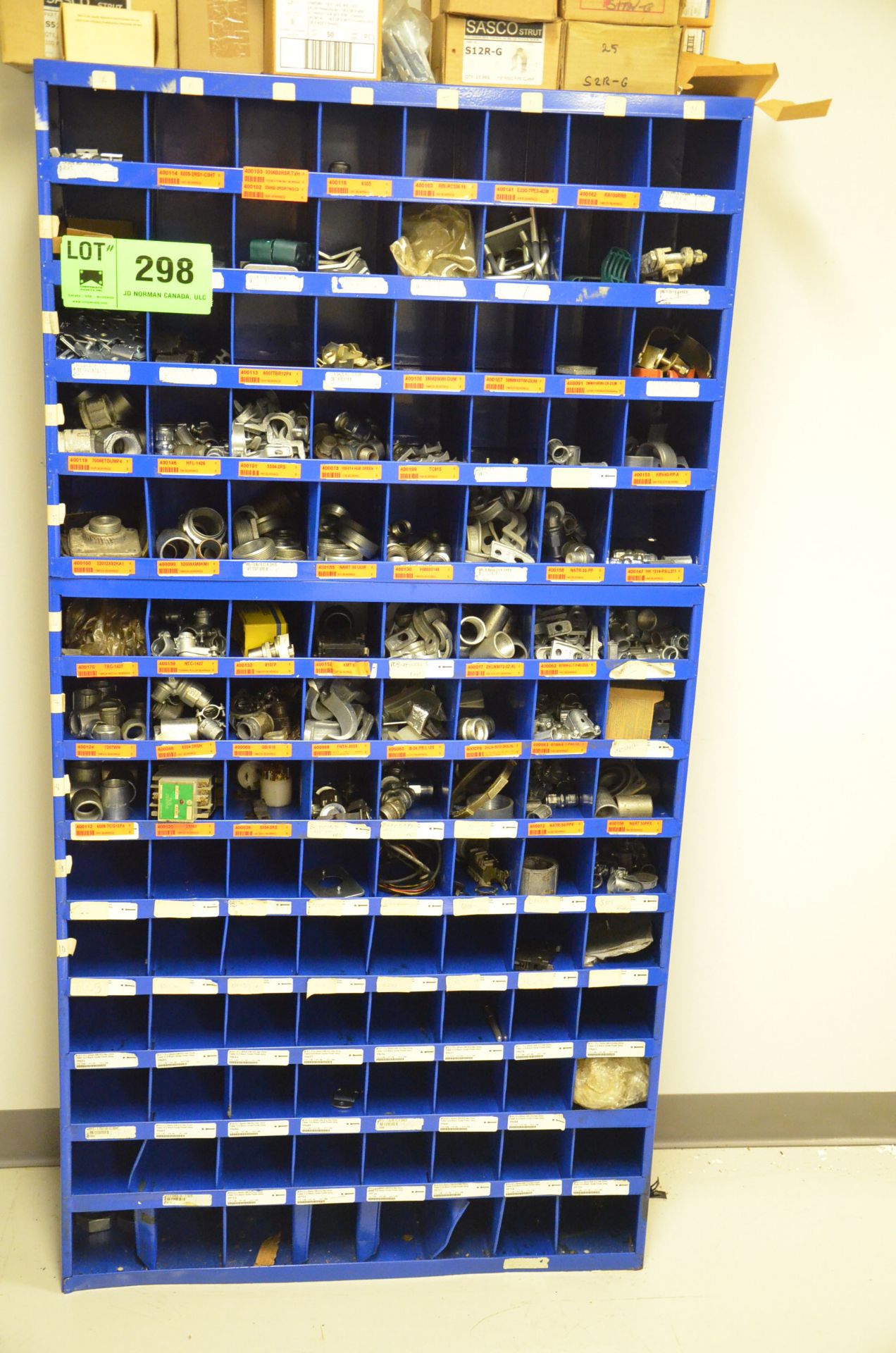 LOT/ FASTENAL PIGEON HOLE INDEX CABINET WITH ELECTRICAL HARDWARE