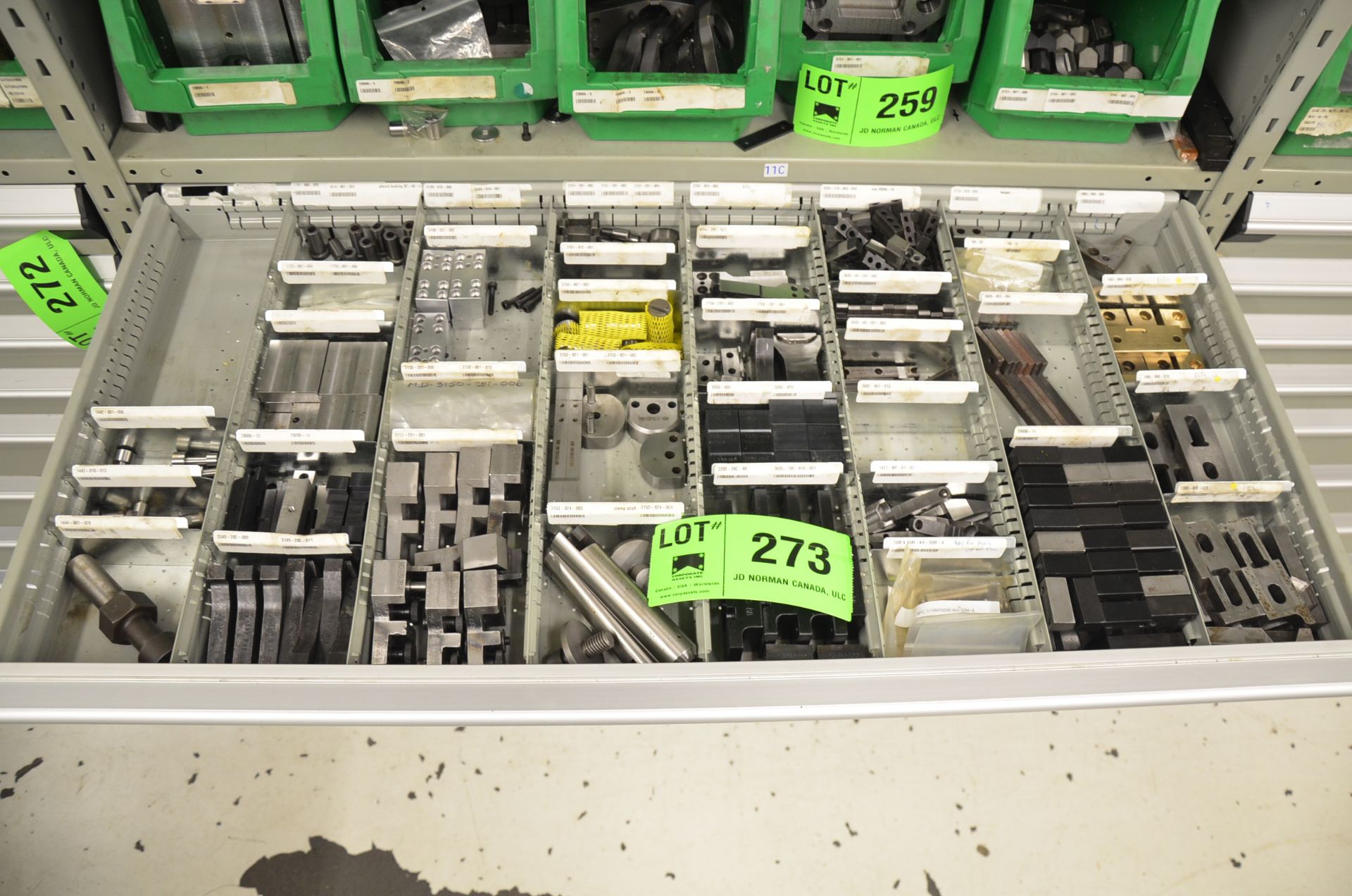 LOT/ CONTENTS OF 9-DRAWER PARTS CABINET - PRODUCTION LINE PARTS, SPARES, CAMS, HARDWARE AND