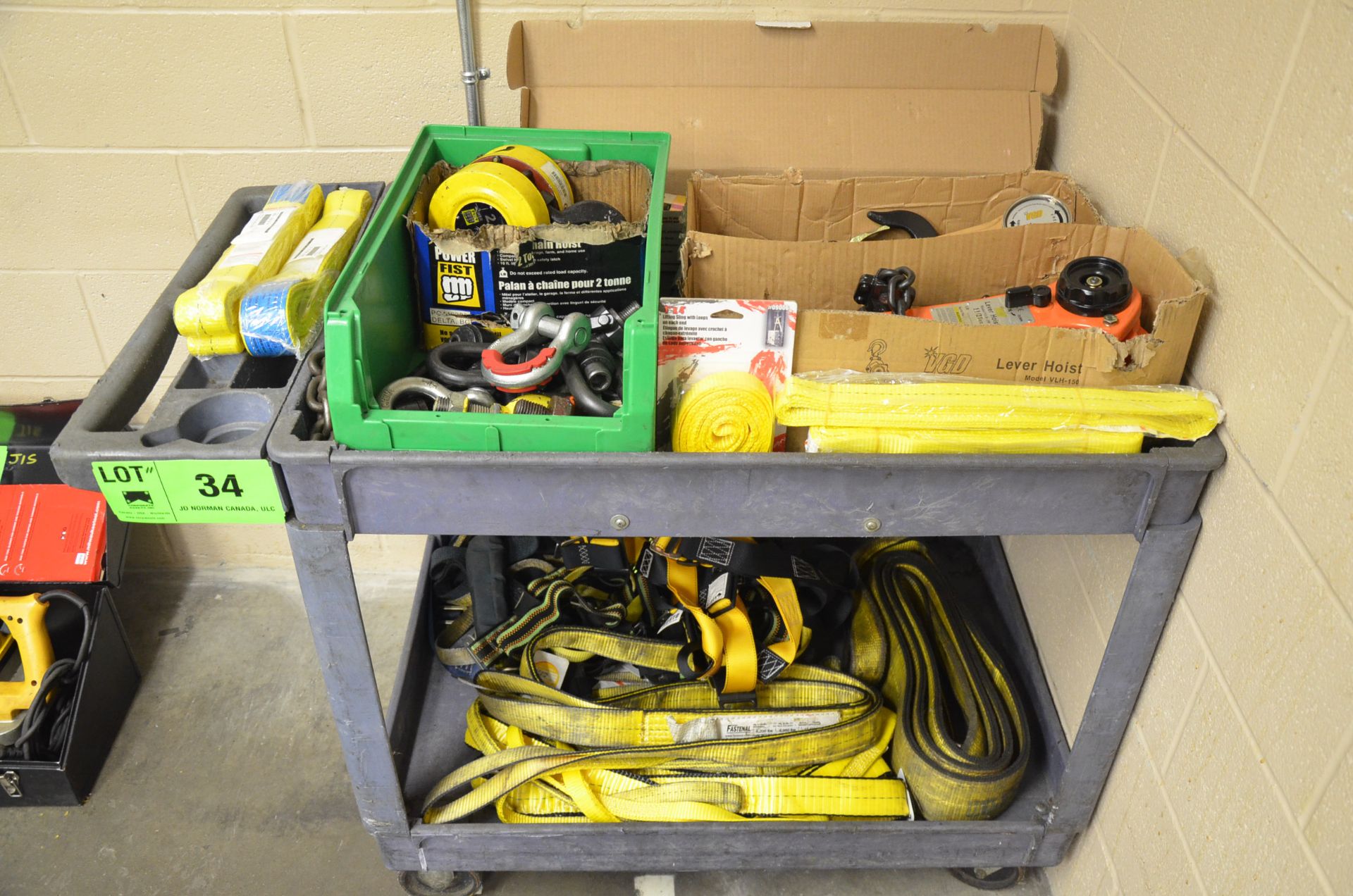 LOT/ (2) VGD 1-1/2 TON COME-A-LONGS, SHACKLES, EYE BOLTS, LIFTING SLINGS AND FALL ARREST HARNESSES