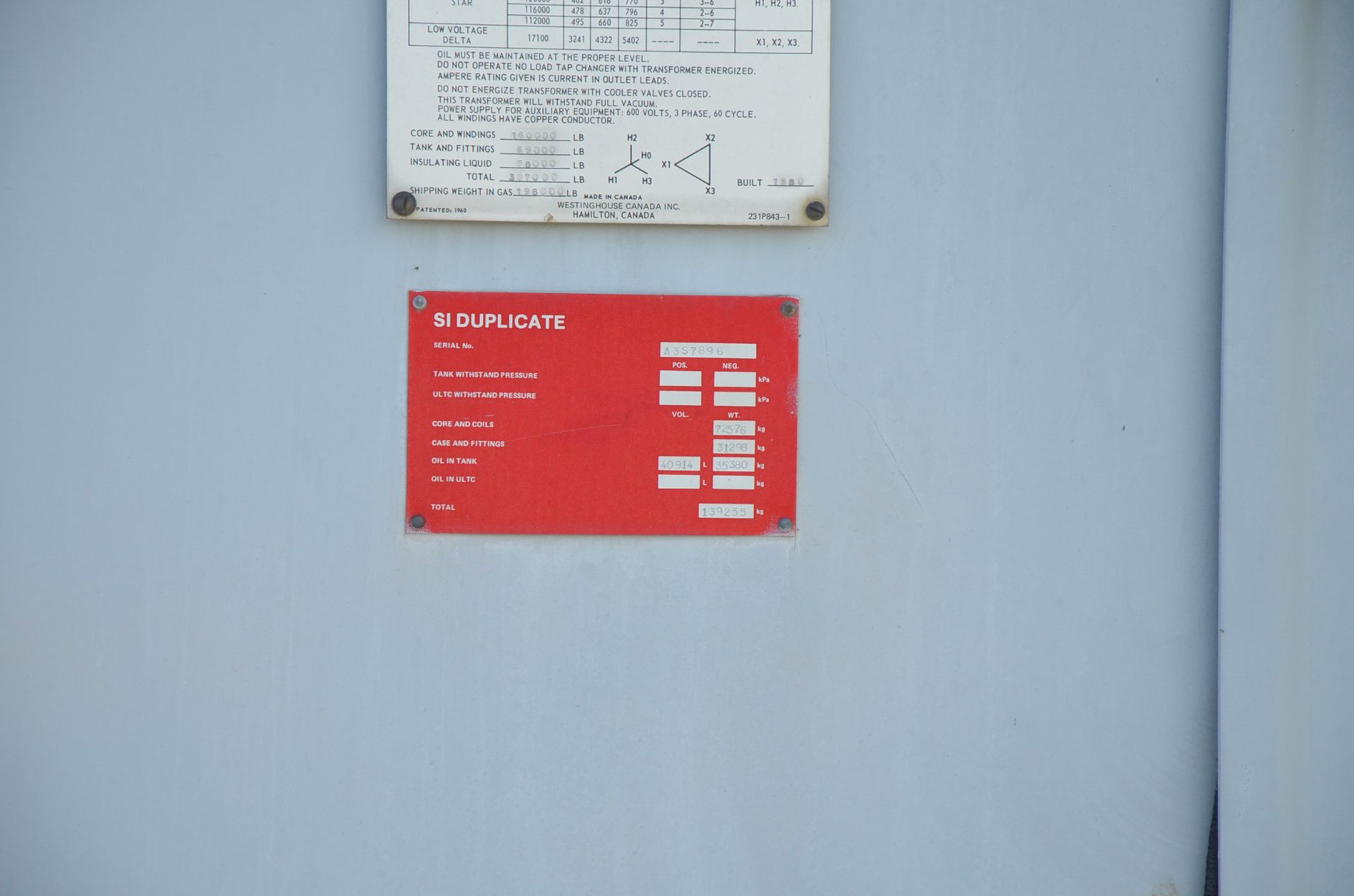 WESTINGHOUSE OFAFI 96-128-160MVA/116-17,1KV/3PH/60HZ HIGH VOLTAGE PAD TYPE TRANSFORMER, S/N - Image 7 of 8