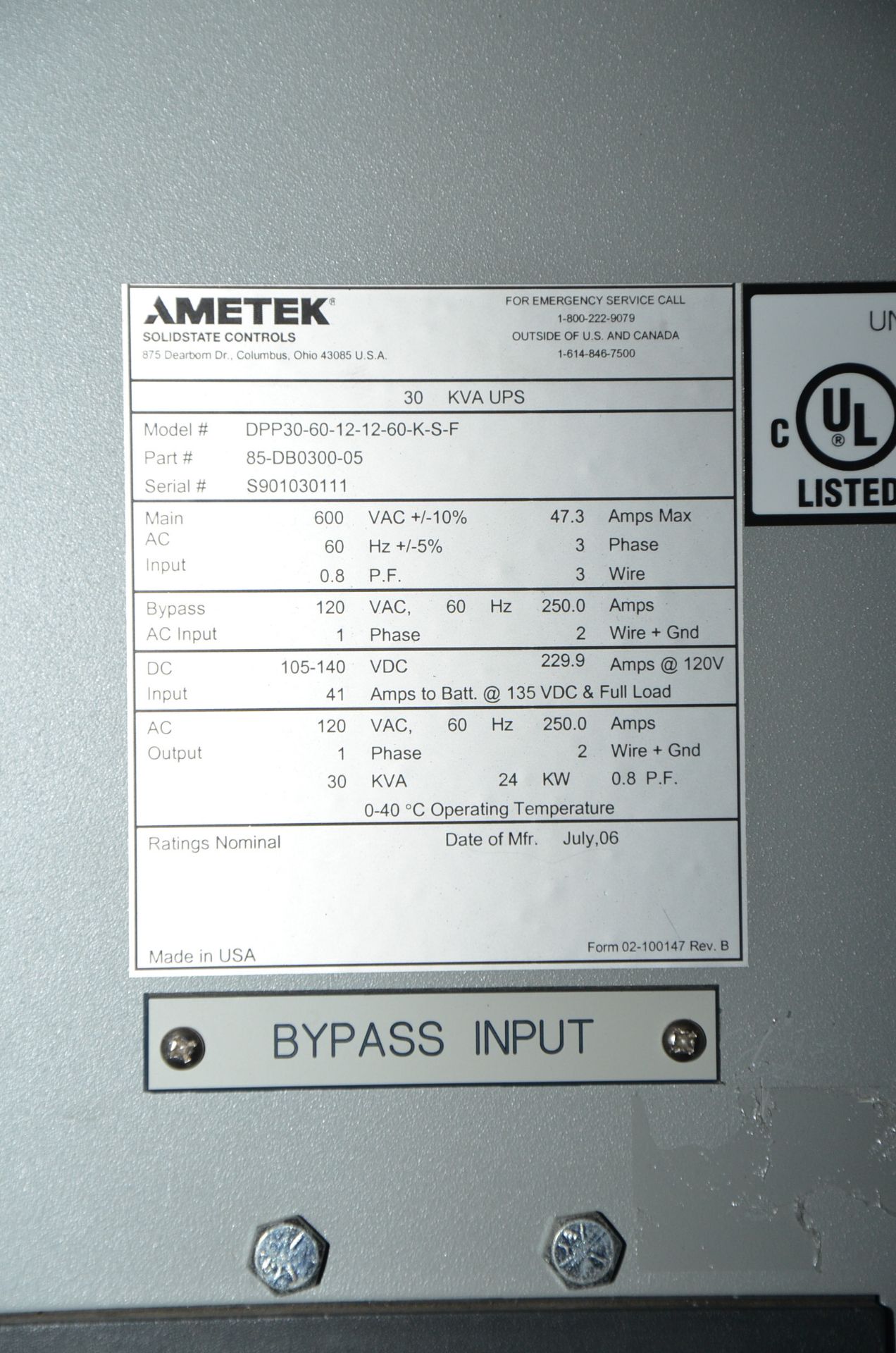 LOT/ AMETEK 30KVA UPS SYSTEM WITH BATTERY CHARGER, SWHITCHGEAR AND MCC [RIGGING FEE FOR LOT # - Image 3 of 6