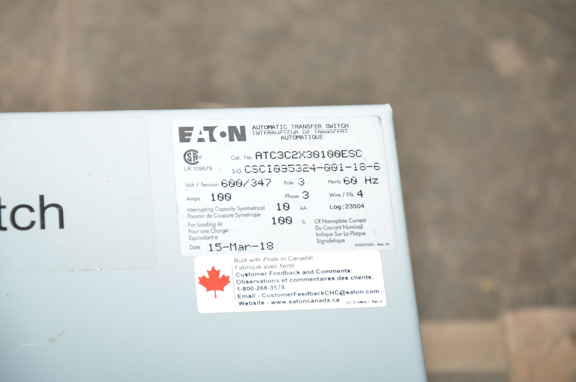 EATON (2018) ATC3C2X30100ESC 100AMP/600-347V/3PH/60HZ AUTOMATIC TRANSFER SWITCH, S/N CSCI095324- - Image 3 of 4