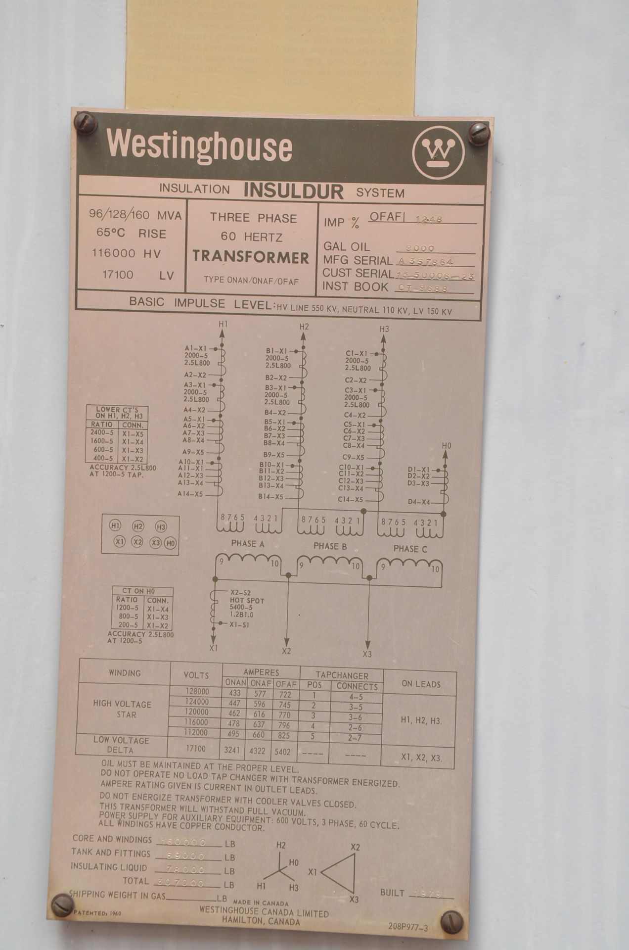 WESTINGHOUSE OFAFI 96-128-160MVA/116-17,1KV/3PH/60HZ HIGH VOLTAGE PAD TYPE TRANSFORMER, S/N - Image 5 of 8