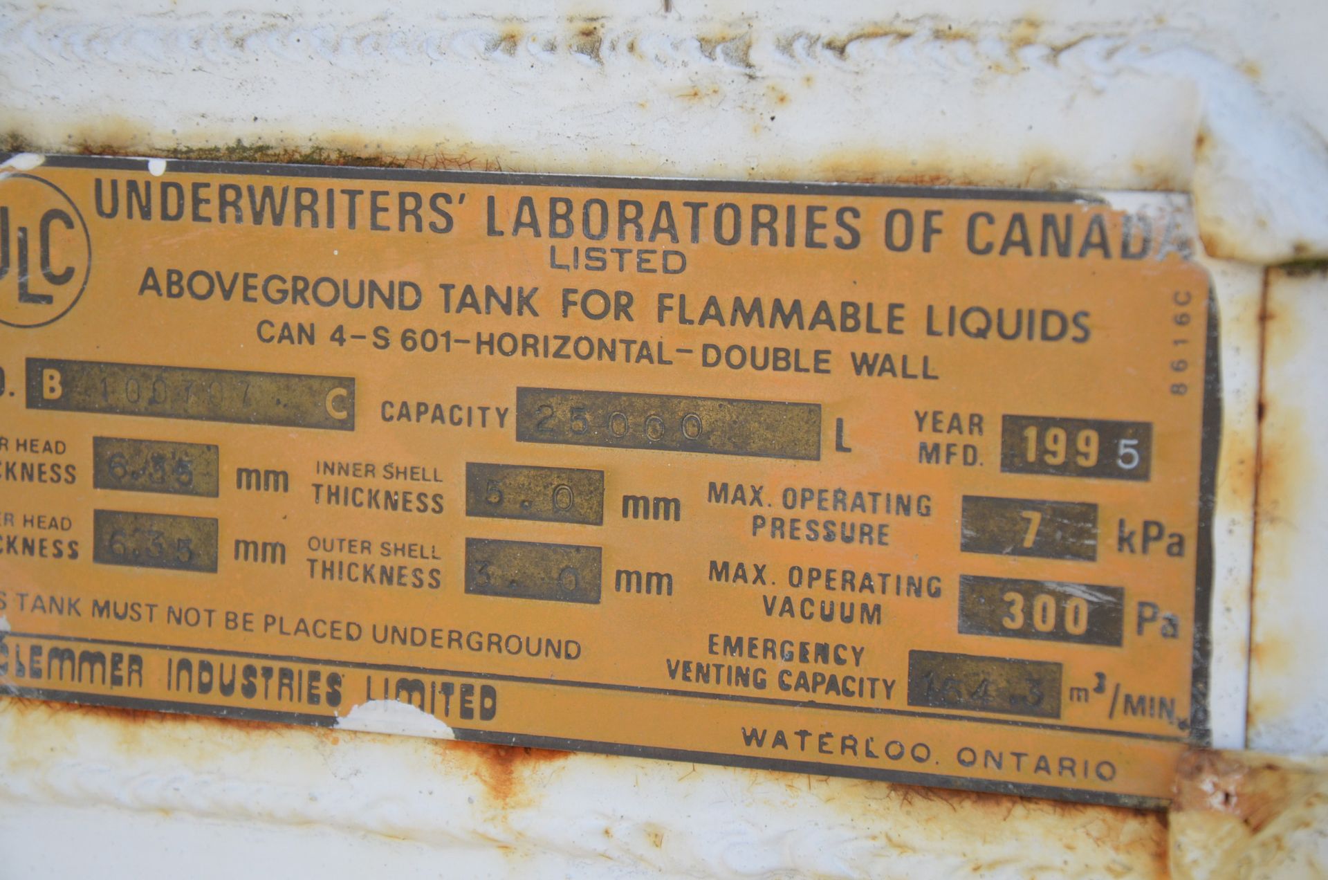 CLEMMER INDUSTRIES 25,000 LITER CAPACITY DOUBLE WALL ABOVE GROUND FUEL STORAGE TANK, S/N 100707 [ - Image 6 of 7