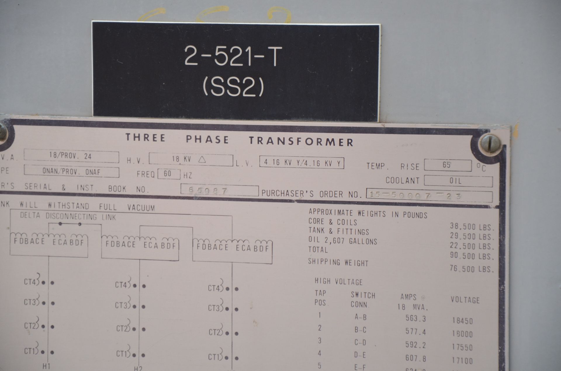 FEDERAL PIONEER ONAN/ONAF 18-24MVA/18-4.16KV/3PH/60HZ HIGH VOLTAGE PAD TYPE TRANSFORMER, S/N - Image 6 of 8