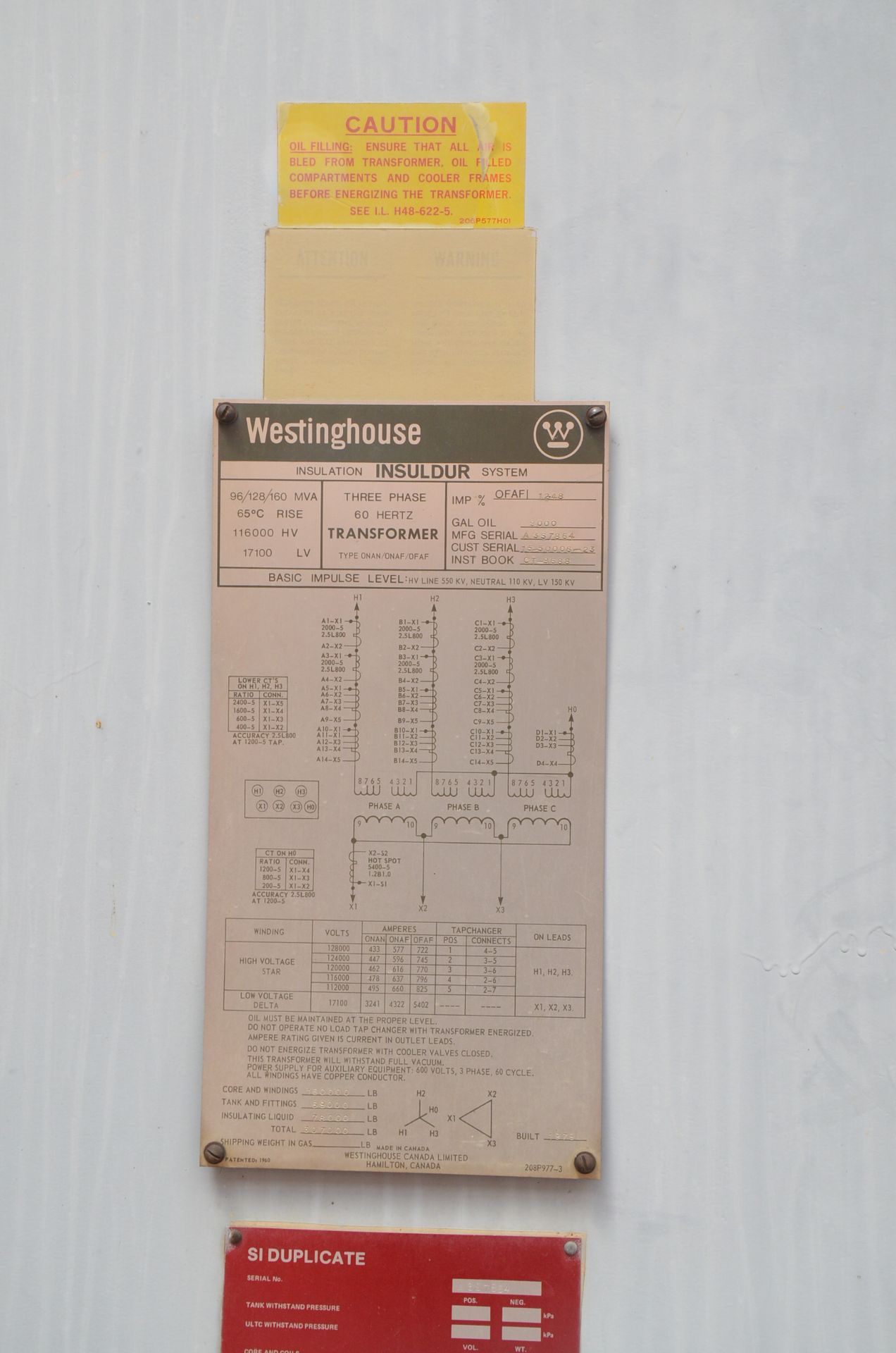 WESTINGHOUSE OFAFI 96-128-160MVA/116-17,1KV/3PH/60HZ HIGH VOLTAGE PAD TYPE TRANSFORMER, S/N - Image 7 of 8