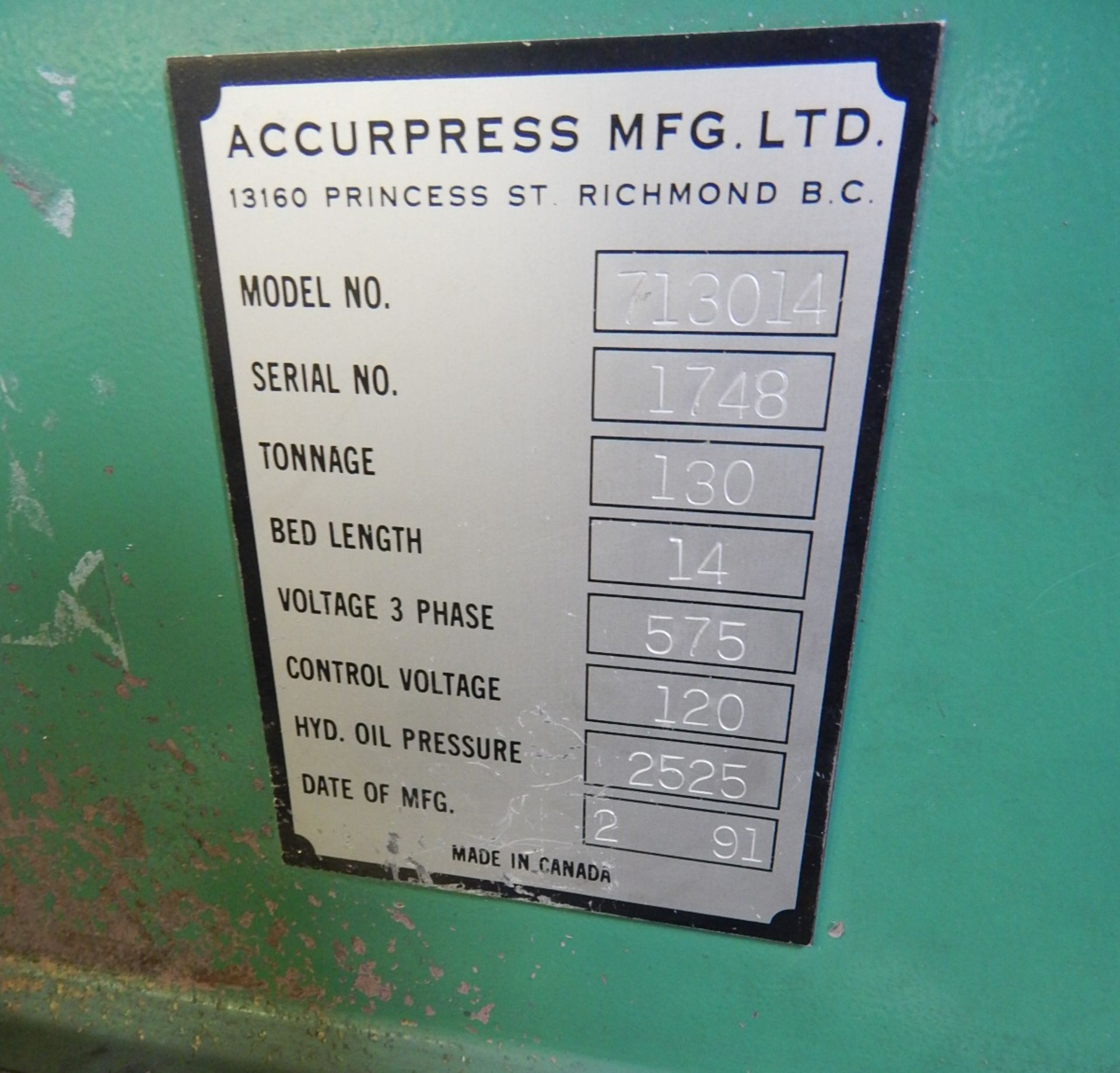 ACCURPRESS 713014 14' HYDRAULIC 130 TON BRAKE PRESS WITH BACK GAUGE 3/16" TO 1" GA. CAPACITY S/N: - Image 5 of 9