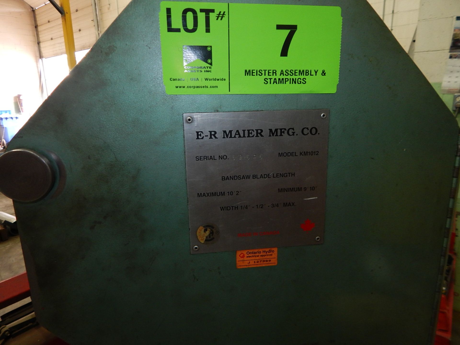 E-R MAIER MFG KM1012 VERTICAL BANDSAW, S/N: 69595 [RIGGING FEE FOR LOT #7 - $50 USD PLUS - Image 2 of 3