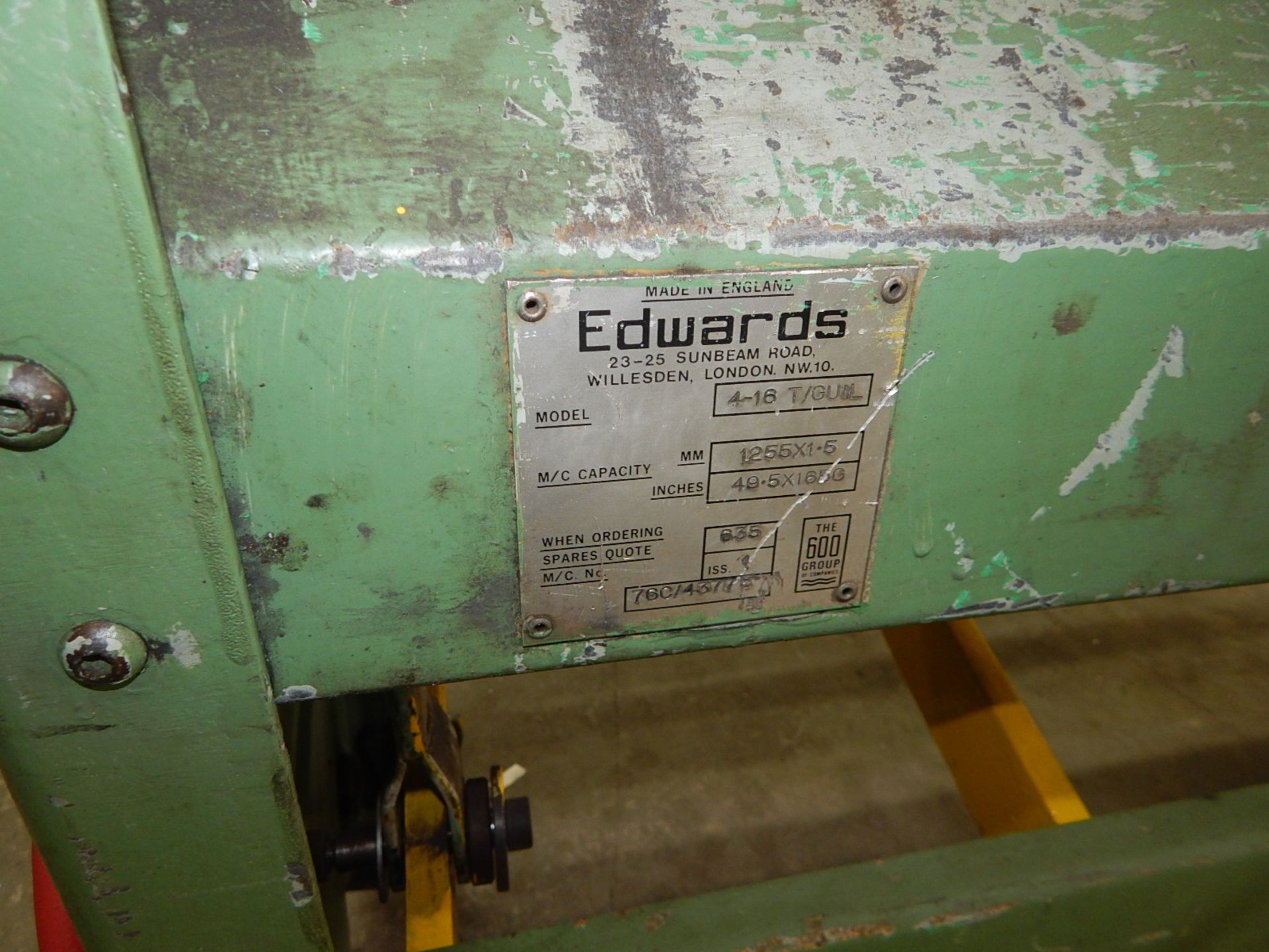 EDWARDS 4/16 T/GUIL PNEUMATIC SHEAR WITH 50.5" BLADE 49.5 X 16BG, S/N: 76C/43775 [RIGGING FEE FOR - Image 2 of 3