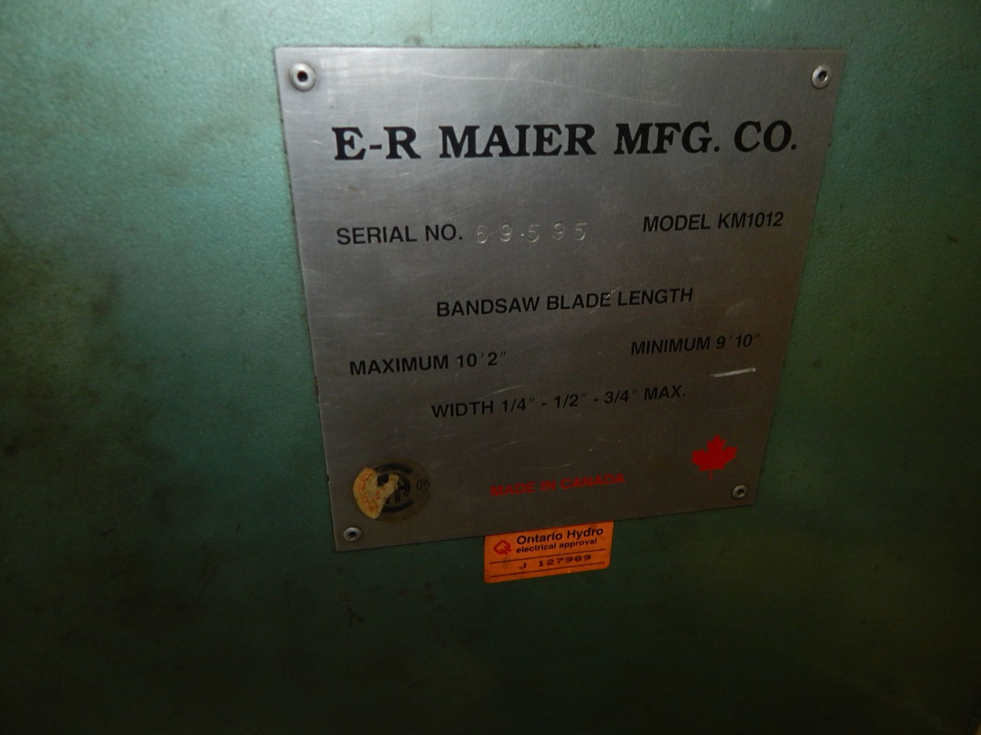 E-R MAIER MFG KM1012 VERTICAL BANDSAW, S/N: 69595 [RIGGING FEE FOR LOT #7 - $50 USD PLUS - Image 3 of 3