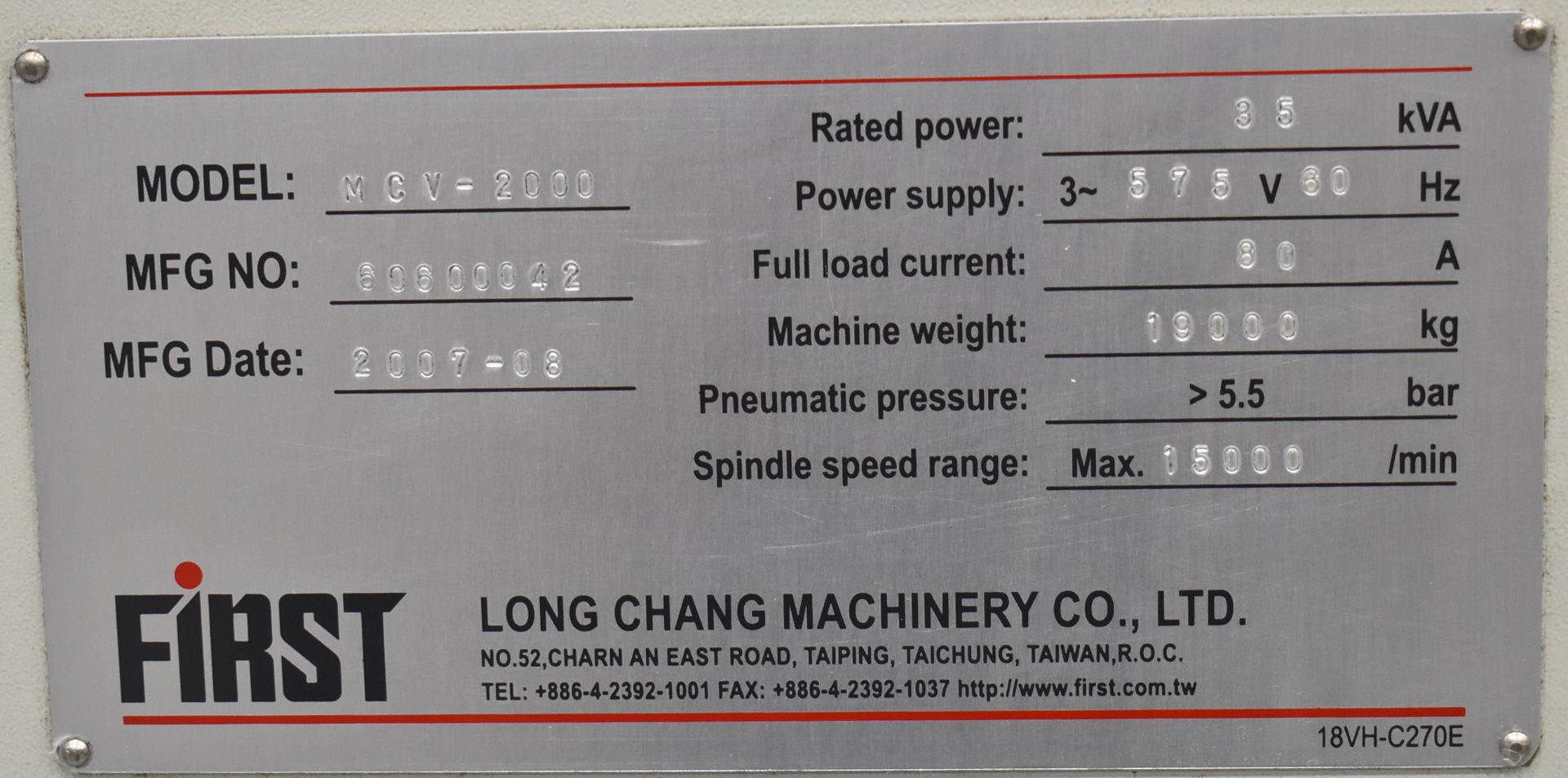 FIRST (2007) MCV-2000, CNC HIGH SPEED BRIDGE TYPE VERTICAL MACHINING CENTER WITH FANUC SERIES 18I-MB - Image 12 of 16