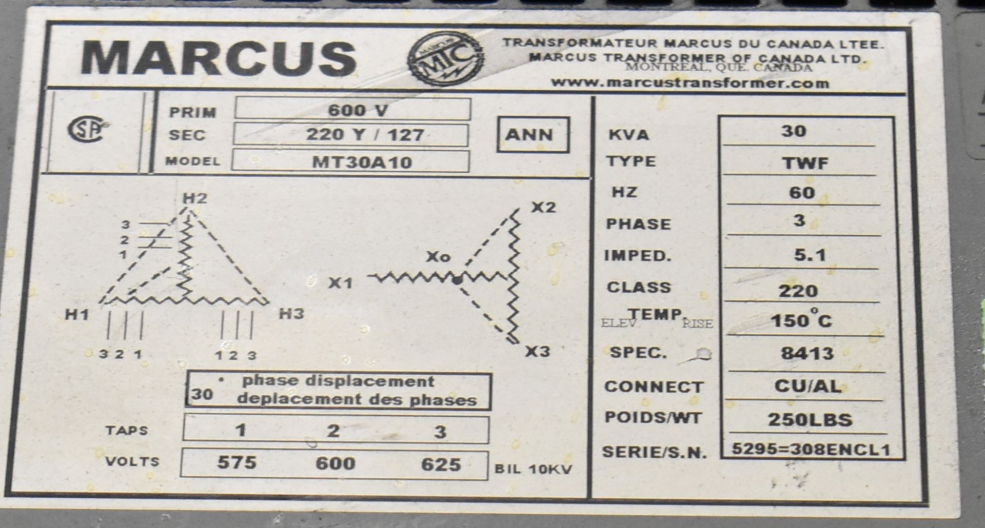 MARCUS 30KVA TRANSFORMER, S/N: 5295=308ENCL1 (LOCATED IN TORONTO, ON) (CI) - Image 2 of 2