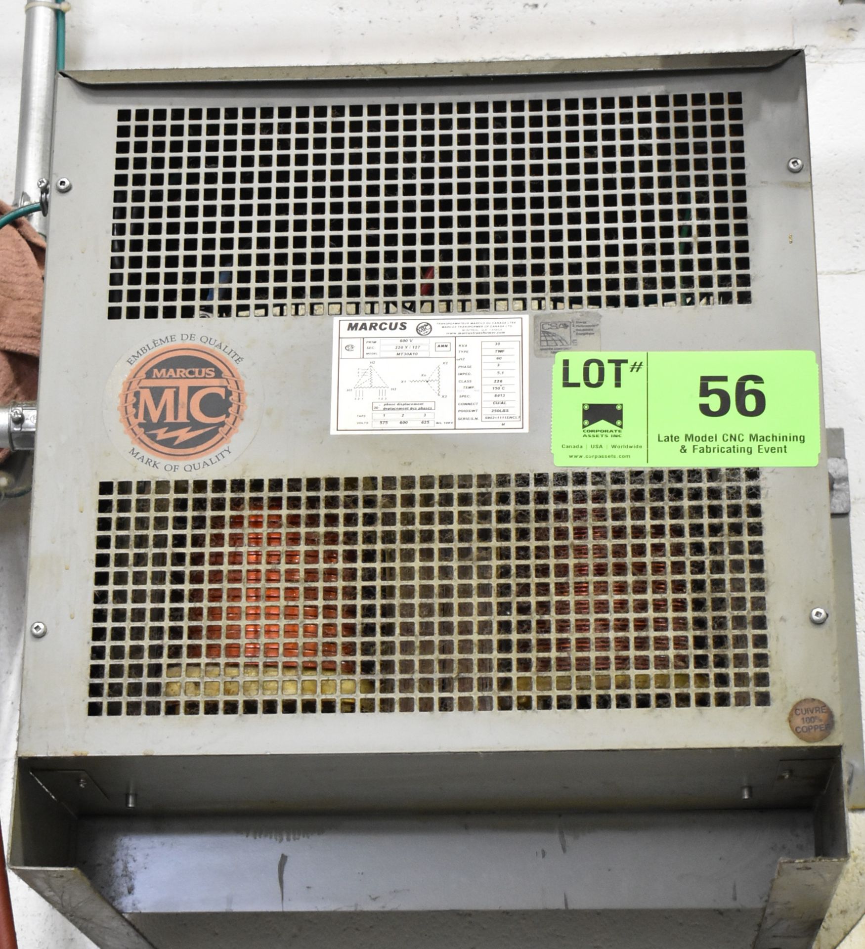 MARCUS 30KVA TRANSFORMER, S/N: 5902-1111ENCL1 (LOCATED IN TORONTO, ON) (CI)