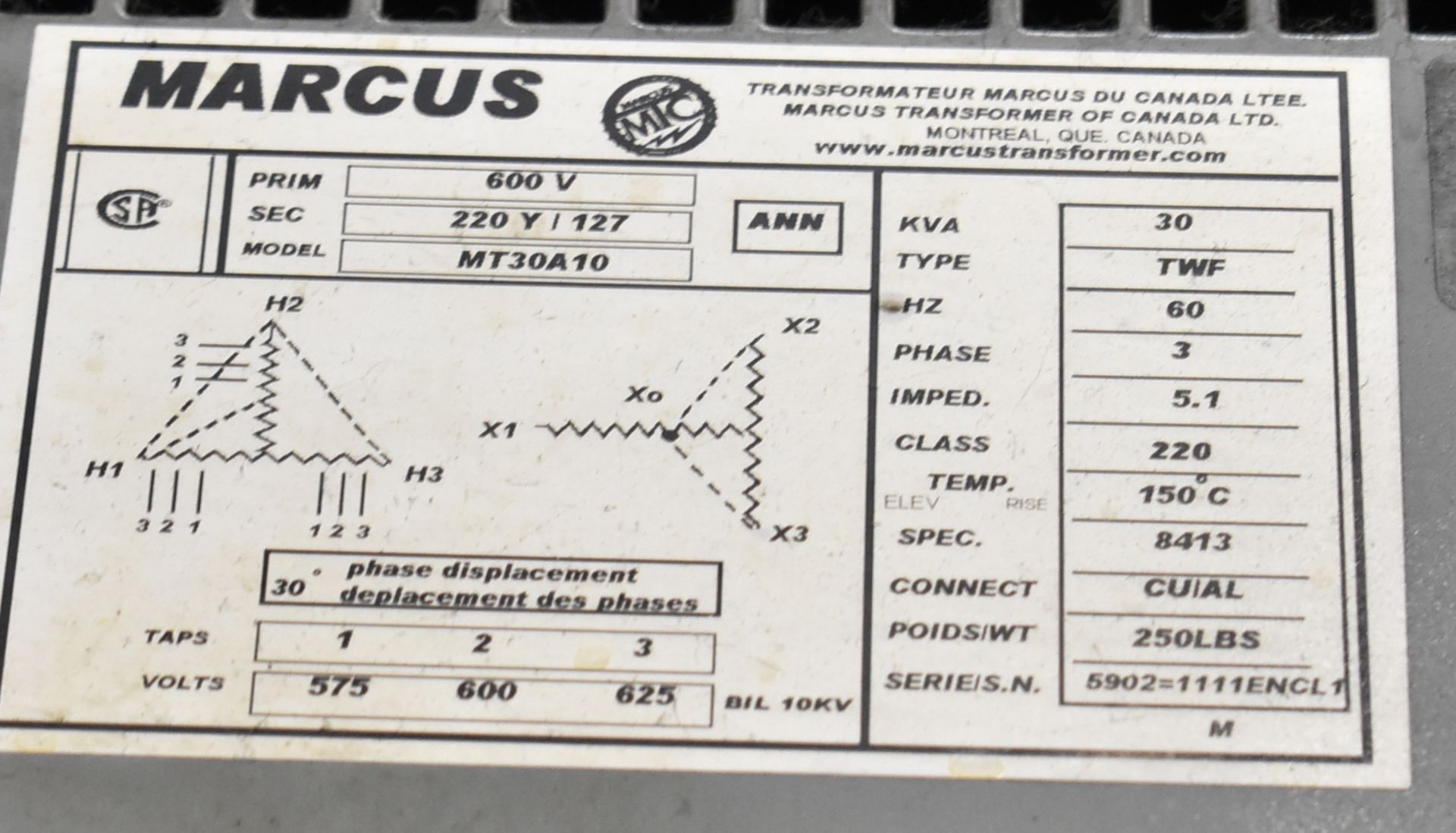 MARCUS 30KVA TRANSFORMER, S/N: 5902-1111ENCL1 (LOCATED IN TORONTO, ON) (CI) - Image 2 of 2