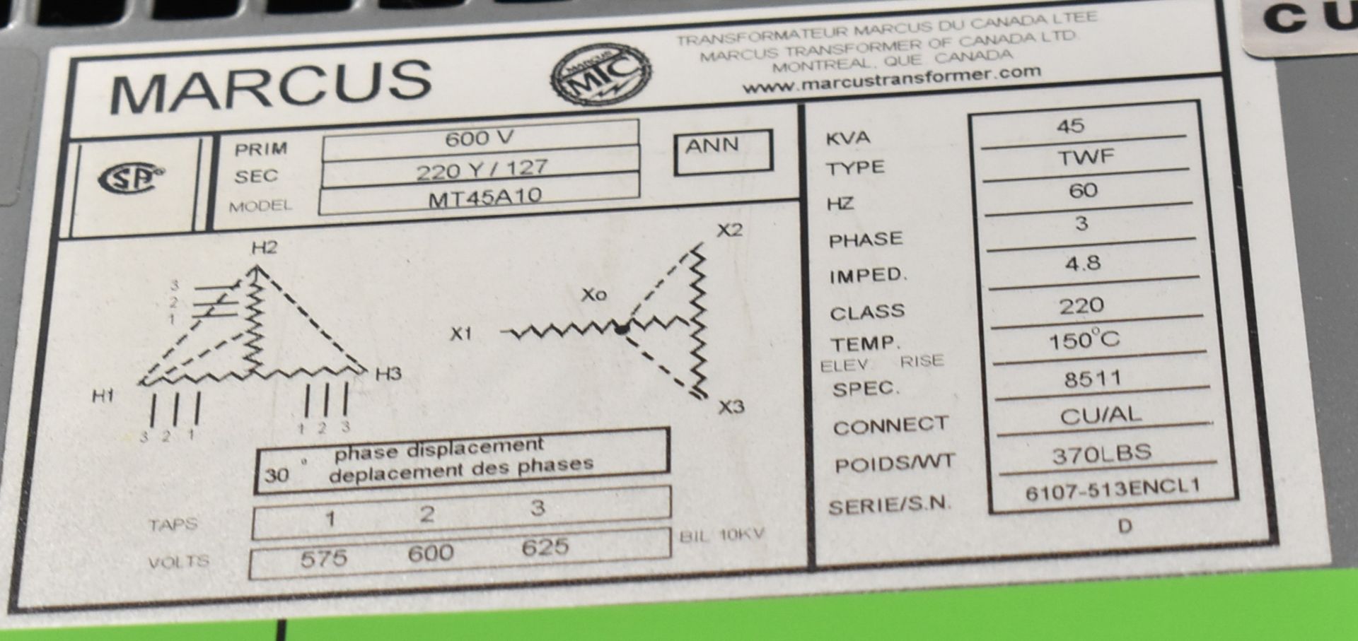 MARCUS 45KVA TRANSFORMER, S/N: 6107-513ENCL1 (LOCATED IN TORONTO, ON) (CI) [RIGGING FEE FOR LOT # - Image 2 of 2