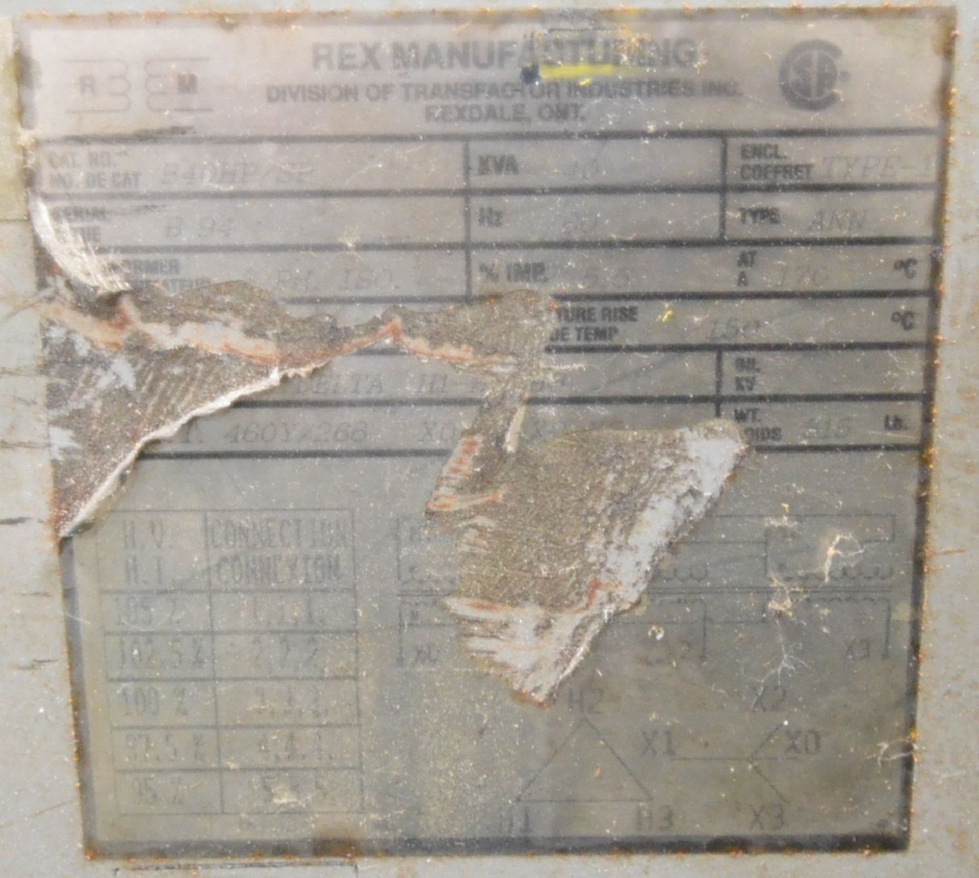 REX 40KVA/460-266V/3PH60HZ TRANSFORMER, S/N N/A [RIGGING FEE FOR LOT #3 - $25 USD PLUS APPLICABLE - Image 2 of 2