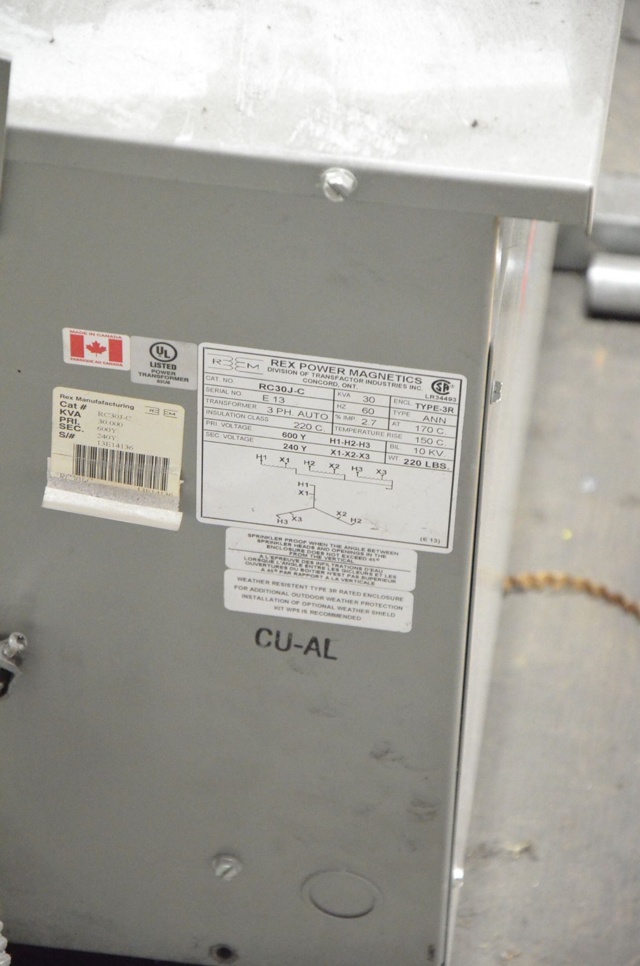 REX 30KVA/600-240V/3PH/60HZ TRANSFORMER, S/N N/A (CI) [RIGGING FEES FOR LOT #1118 - $50 USD PLUS - Image 2 of 2