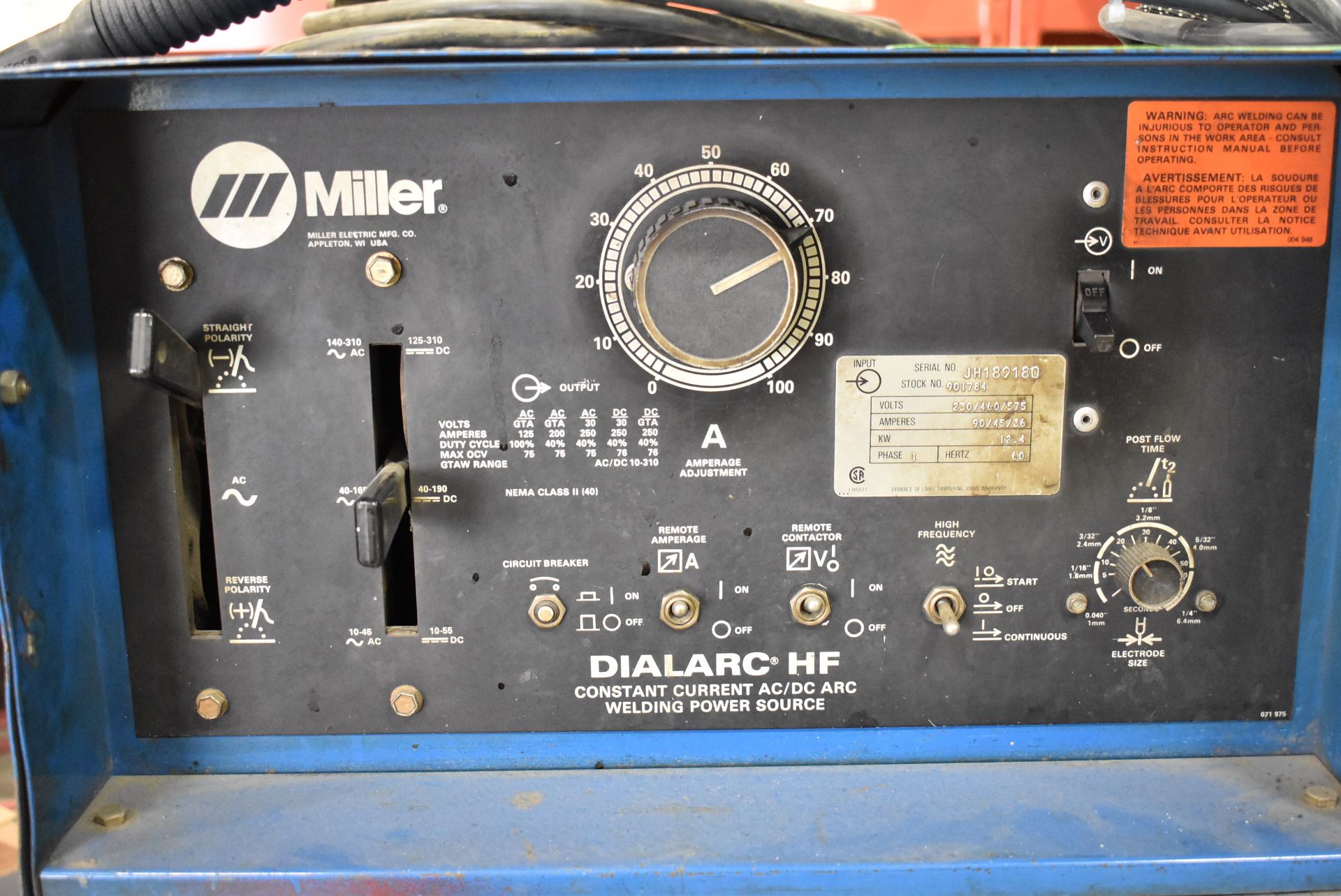 MILLER DIALARC HF WELDER WITH CABLES AND GUN, S/N: JH189180 [RIGGING FEE FOR LOT #2 - $50 CAD PLUS - Image 3 of 4