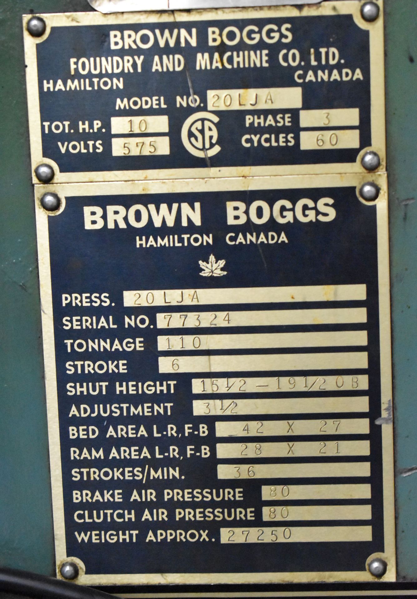 BROWN BOGGS 20LJA 110TON CAPACITY MECHANICAL OBI PRESS WITH 6" STROKE, 15.5"-19.5" SHUT HEIGHT, 3.5" - Image 7 of 9