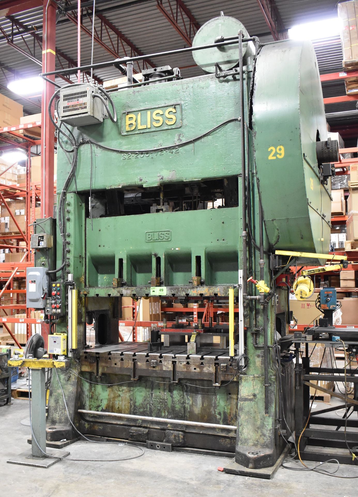 BLISS S2-200-72-42 200TON CAPACITY STRAIGHT SIDE STAMPING PRESS WITH 42"X71" BOLSTER, 25"X19" SIDE