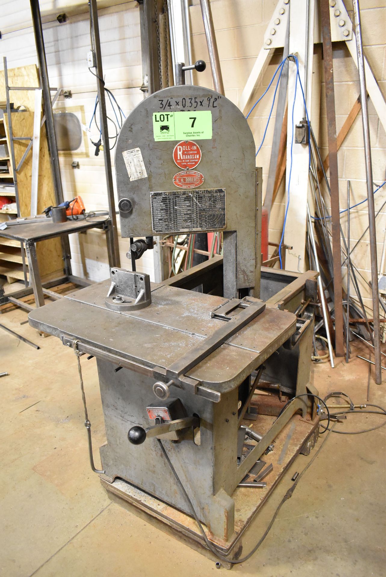 ROLL-IN 48" VERTICAL BANDSAW, S/N: N/A [RIGGING FEE FOR LOT #7 - $100 CDN PLUS APPLICABLE TAXES]